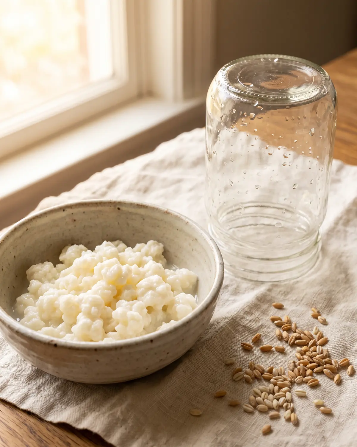 kefir bijwerkingen Omgekeerde glazen pot op linnen met melkkefirkorrels in een keramische kom naast het werkvlak.