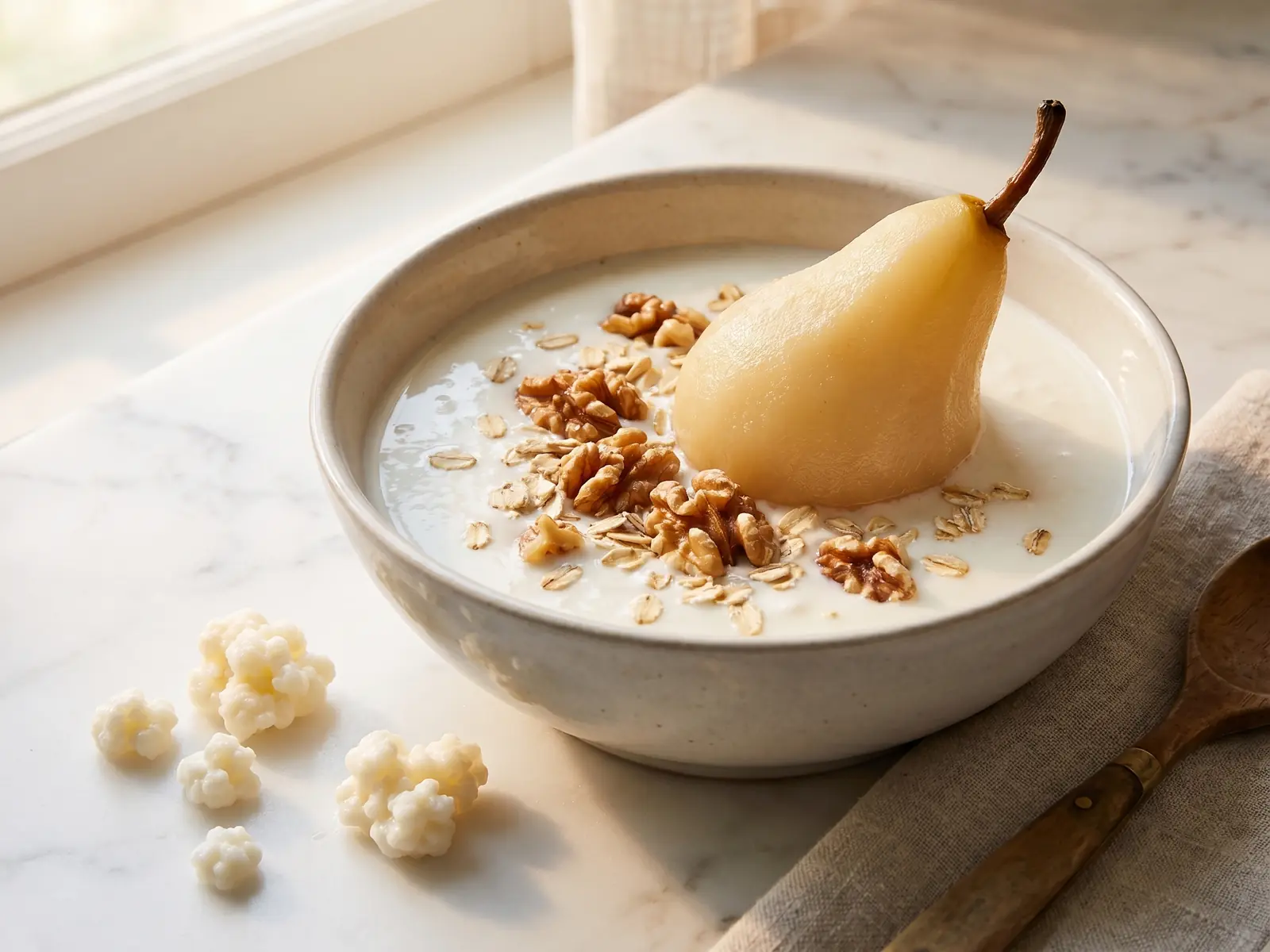 hoe maak je kefir Kom met romige melkkefir, peer, noten en haver op wit marmer tijdens een rustig ontbijt