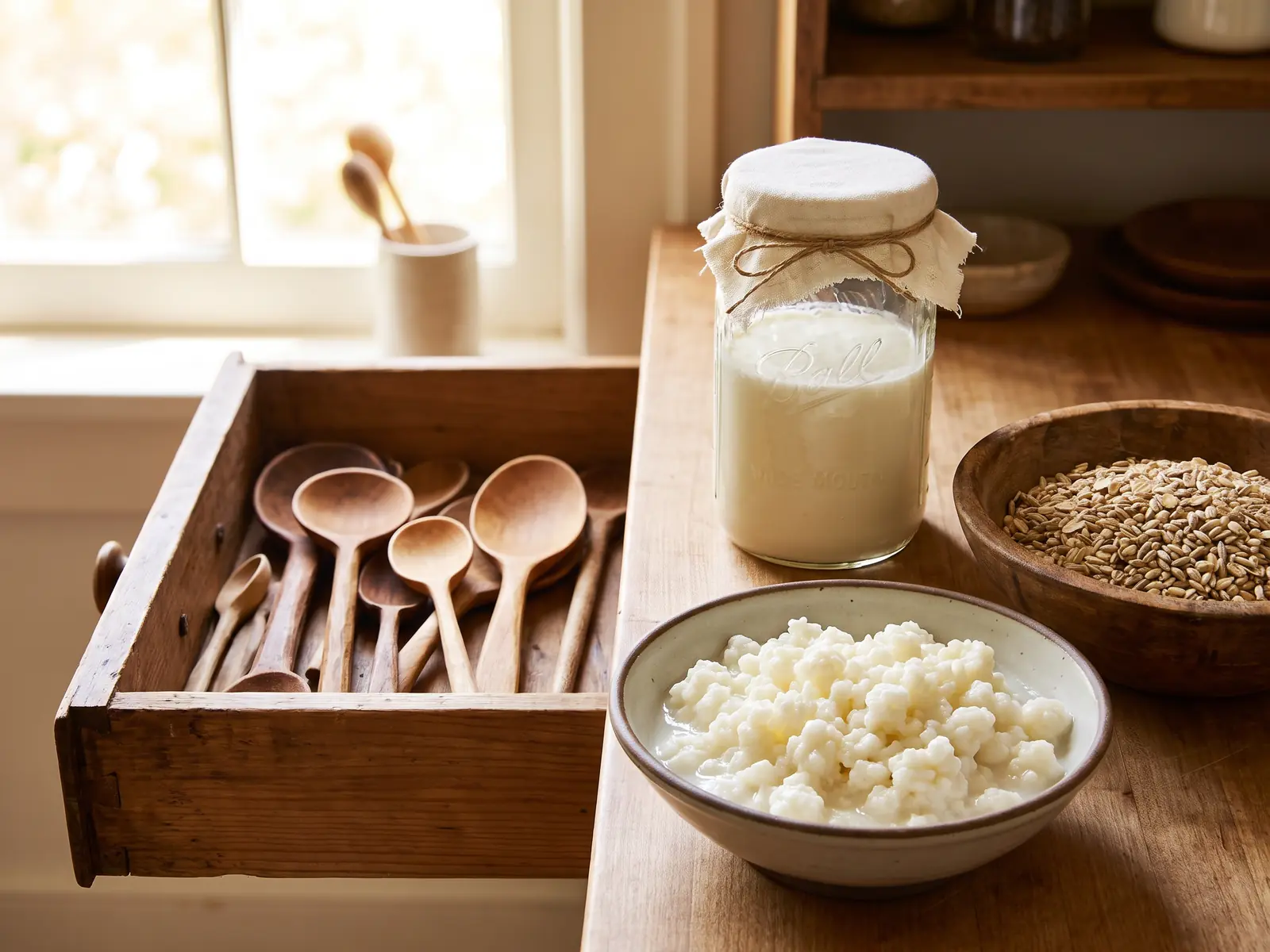 lactobacillus reuteri kefir Open lade met houten lepels, een pot melkkefir en kefirkorrels in een kom op het aanrecht.