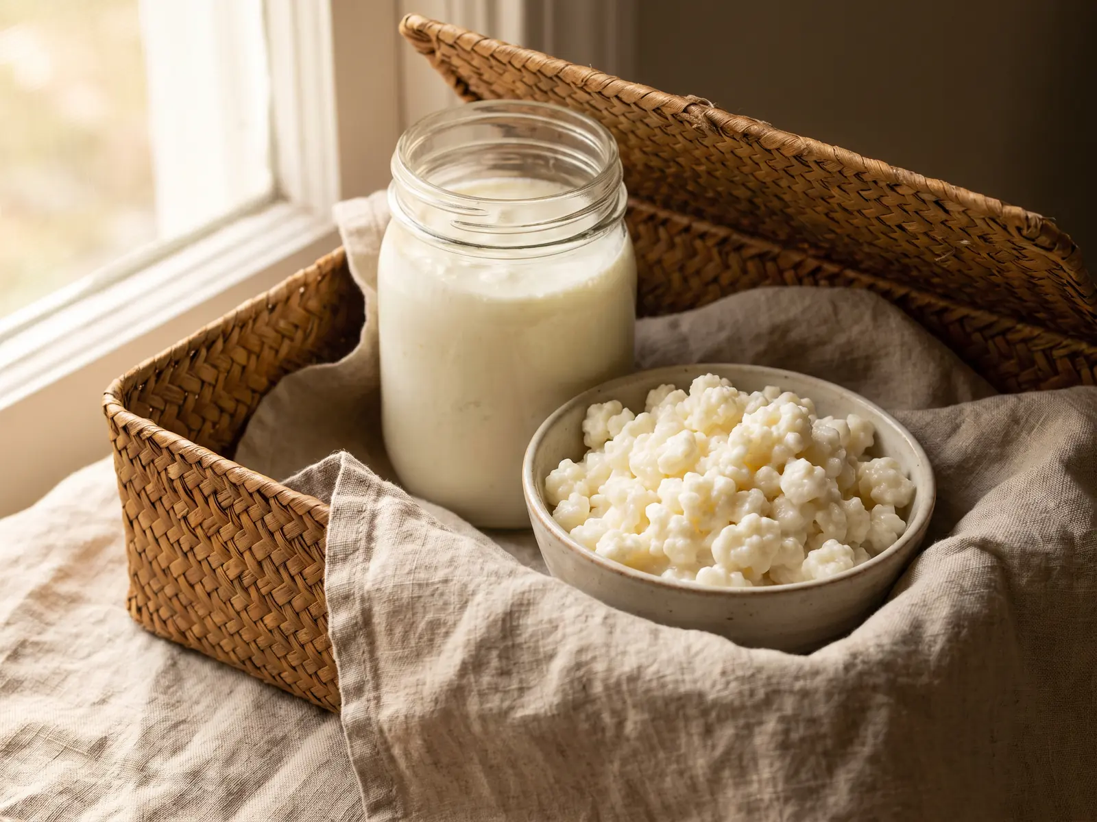 wat doet kefir Open mand met een pot melkkefir en een kommetje kefirkorrels op geplooid linnen.