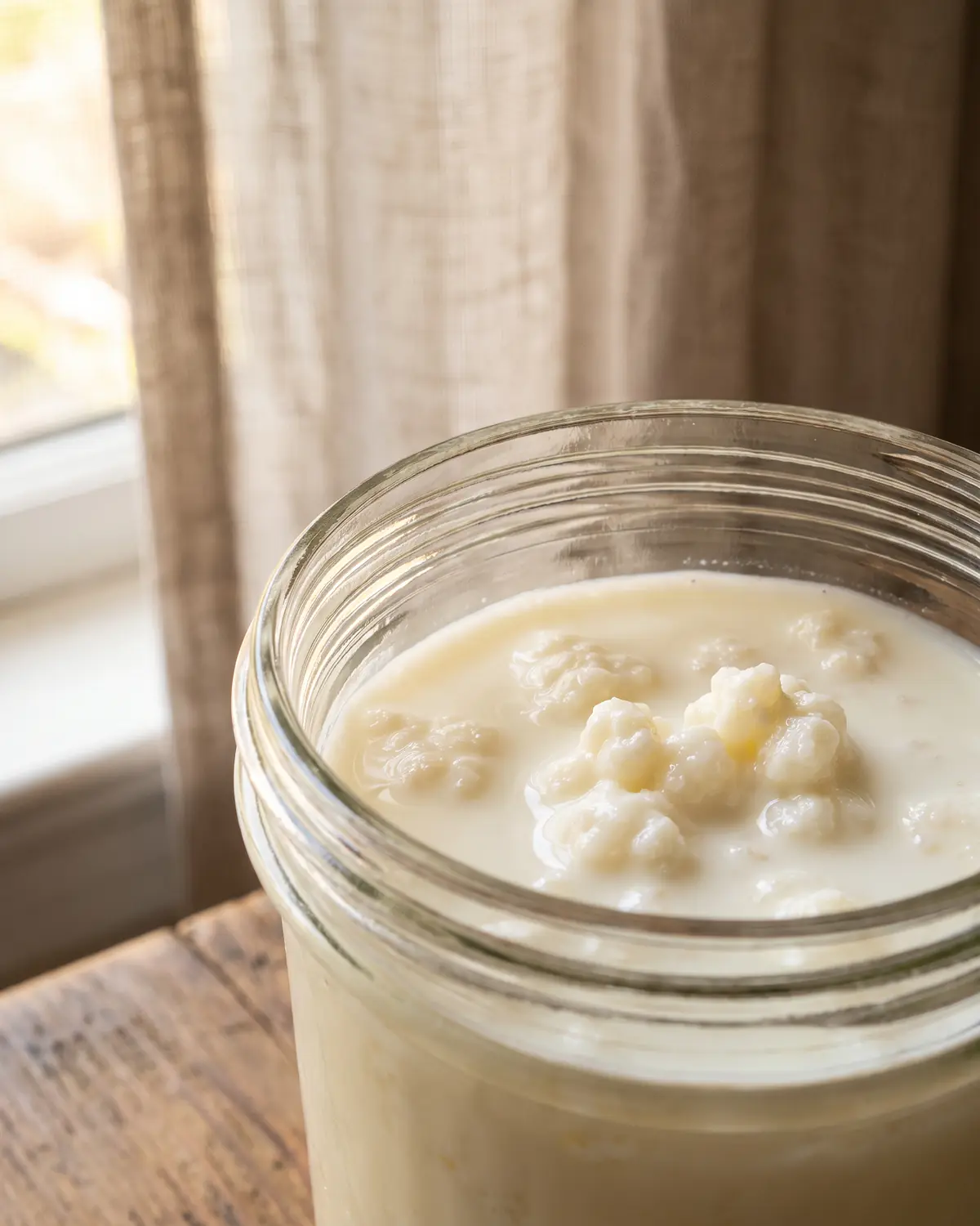kefir smaak Close-up van een open kefirpot met drijvende korrels en een fijne roomlaag langs de glazen rand.