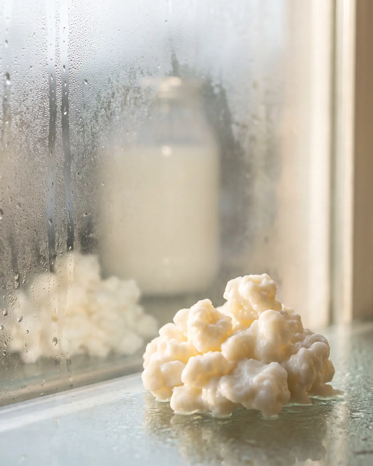 Melkwitte pot met kefir bij een beslagen raam, met zachte contouren van korrels in de achtergrond.