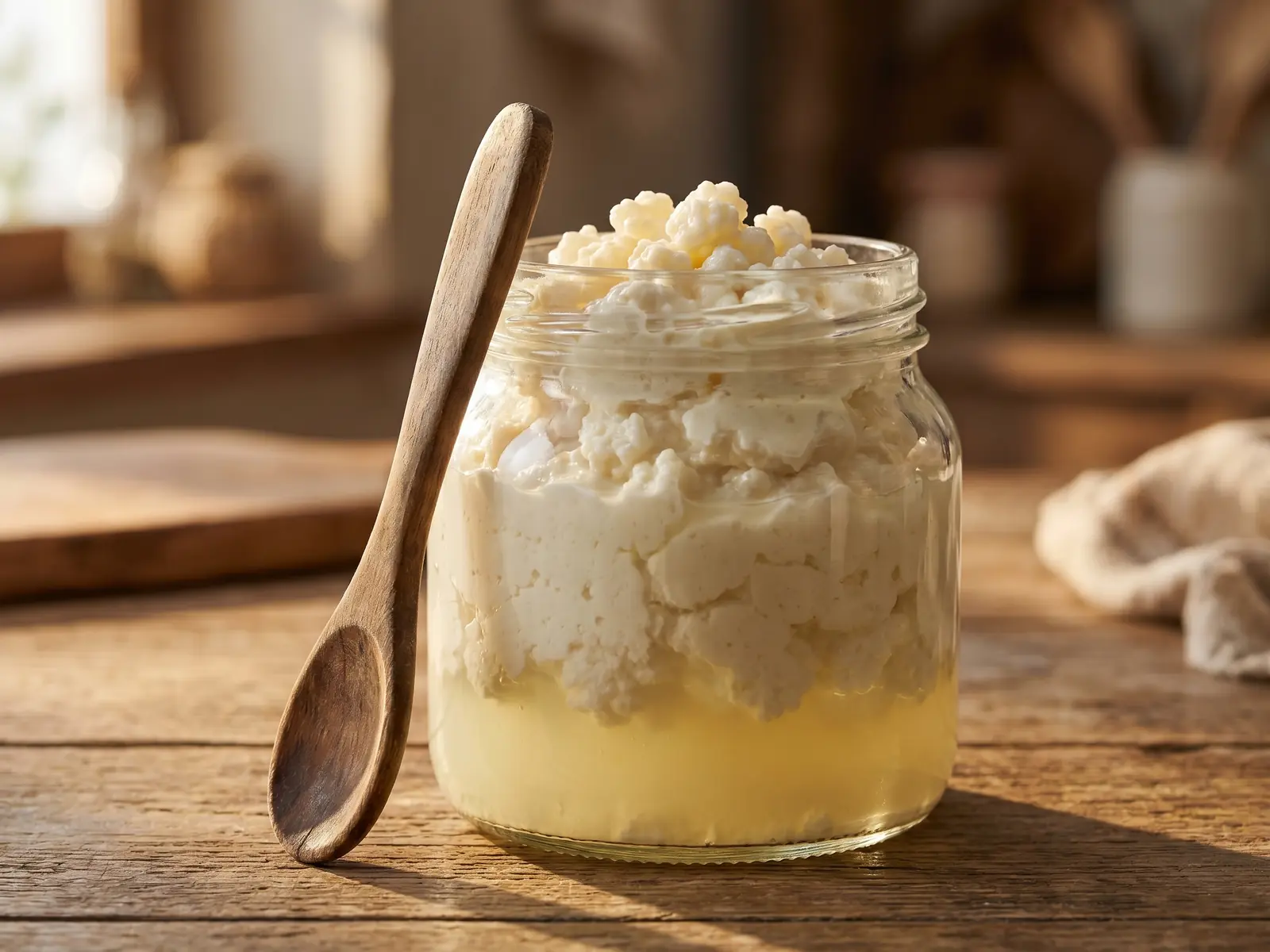 Glazen pot met rijpe melkkefir, gescheiden wei en een houten lepel in zacht zijlicht.