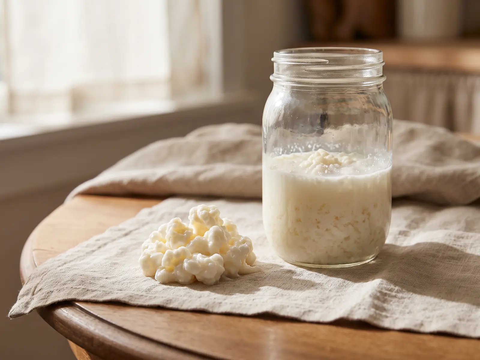 goede kefir Glazen pot met melkkefir en kefirkorrels op een ronde tafel met naturel linnen in zacht daglicht