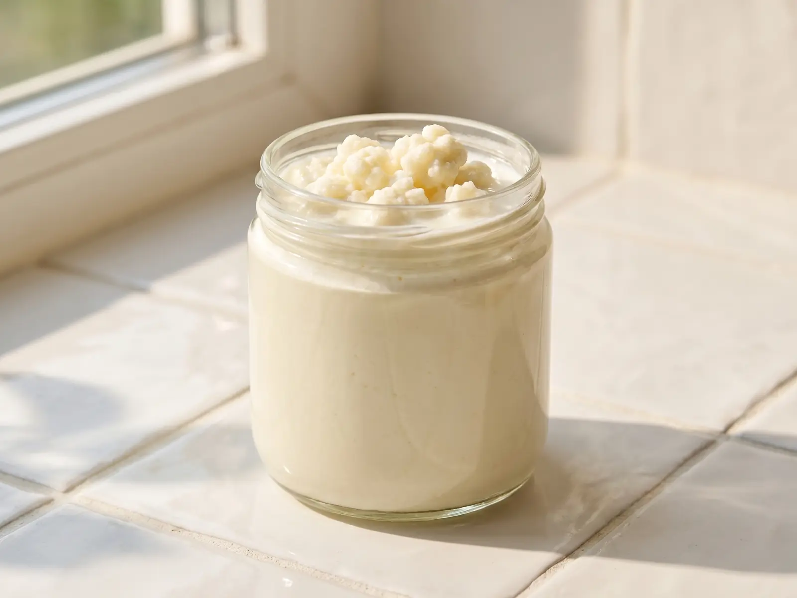 kefir Schone glazen pot met melkkefir op witte tegels, verlicht door zacht zijlicht bij het raam