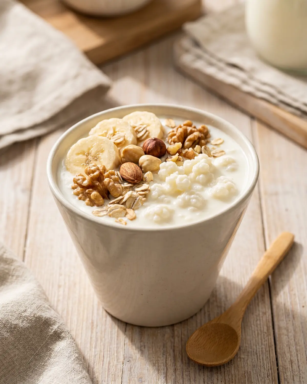 goede kefir Smal kommetje met melkkefir, banaan, walnoten en havermout, verticaal gefotografeerd op tafel