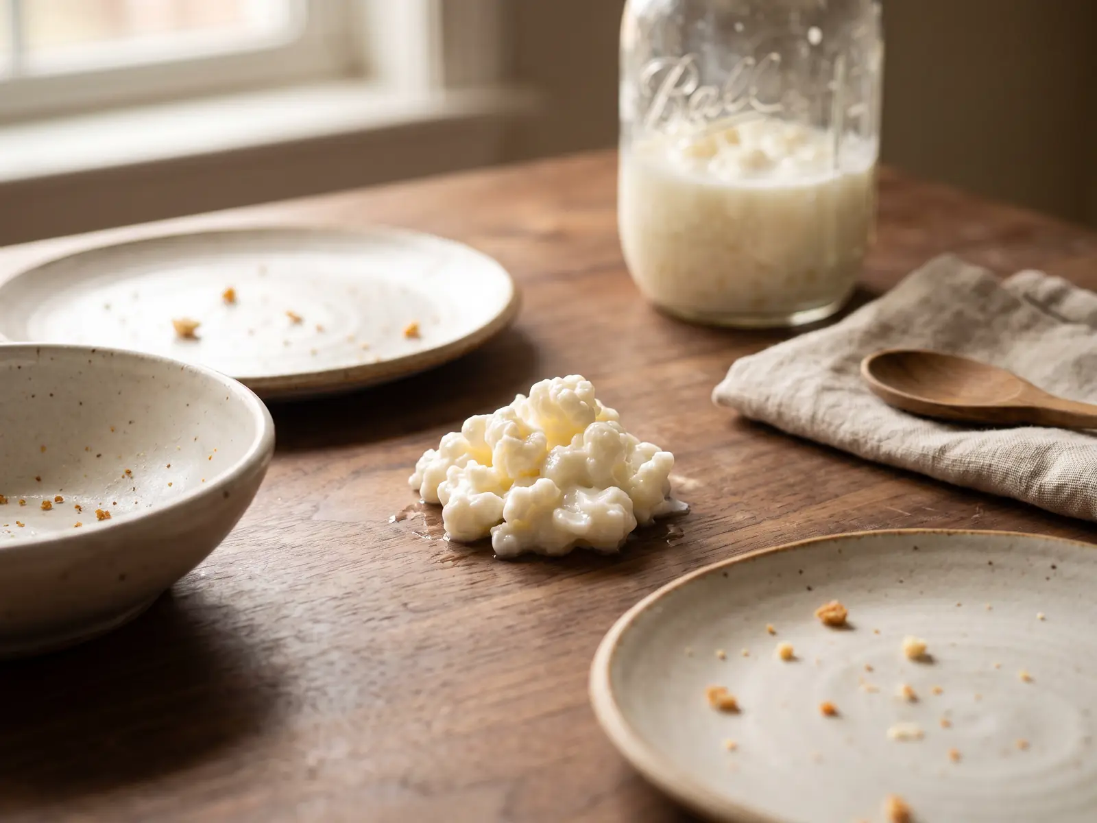 kefir bijwerkingen Rustige tafel van notenhout met lege keramische borden en een pot melkkefircultuur op de achtergrond.