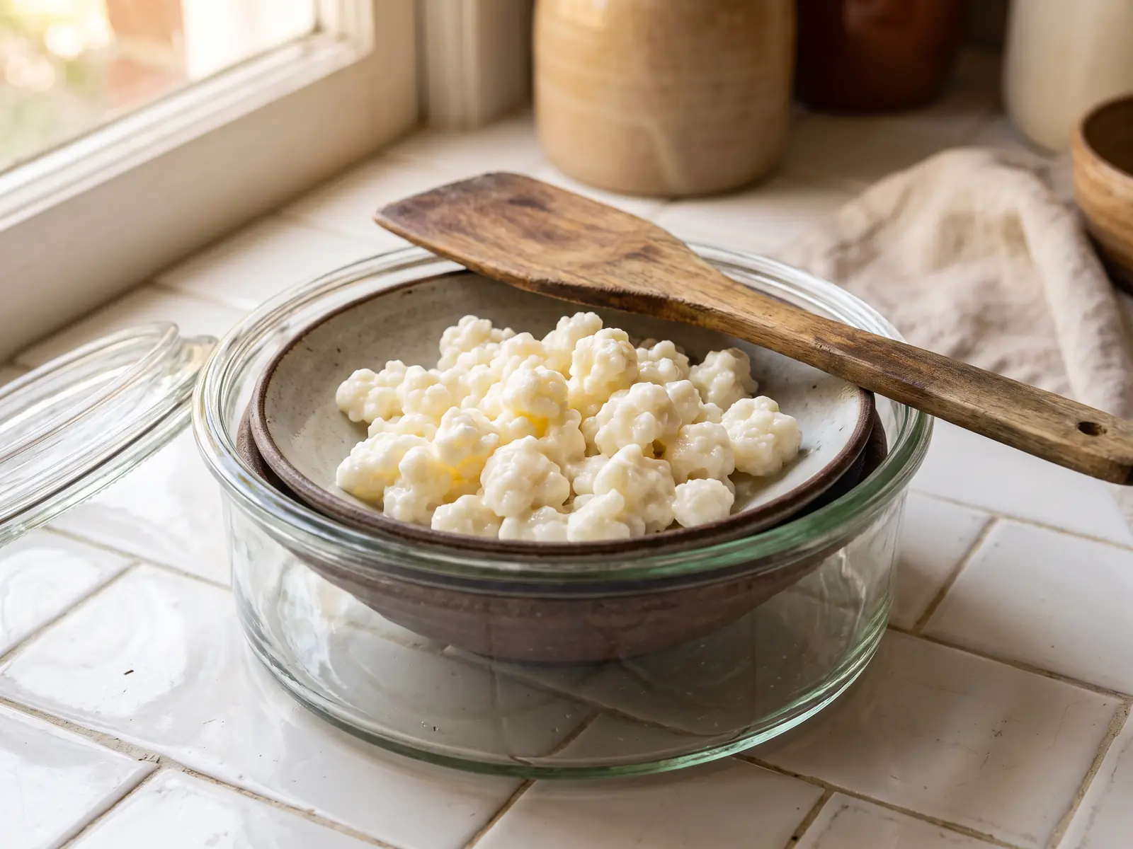 kefir smaak Open pot met melkkefir op een bord, met zichtbare korrels en een houten spatel op witte tegels.