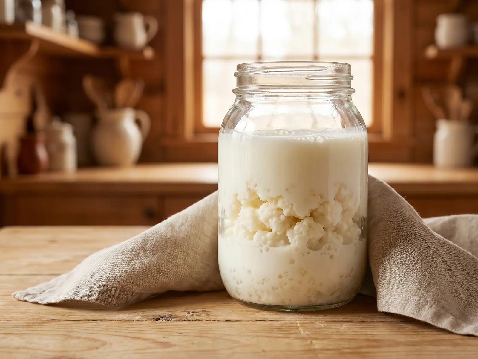 kefir plant Glazen pot met melk en kefirkorrels in zacht tegenlicht naast een raam tijdens het fermenteren.