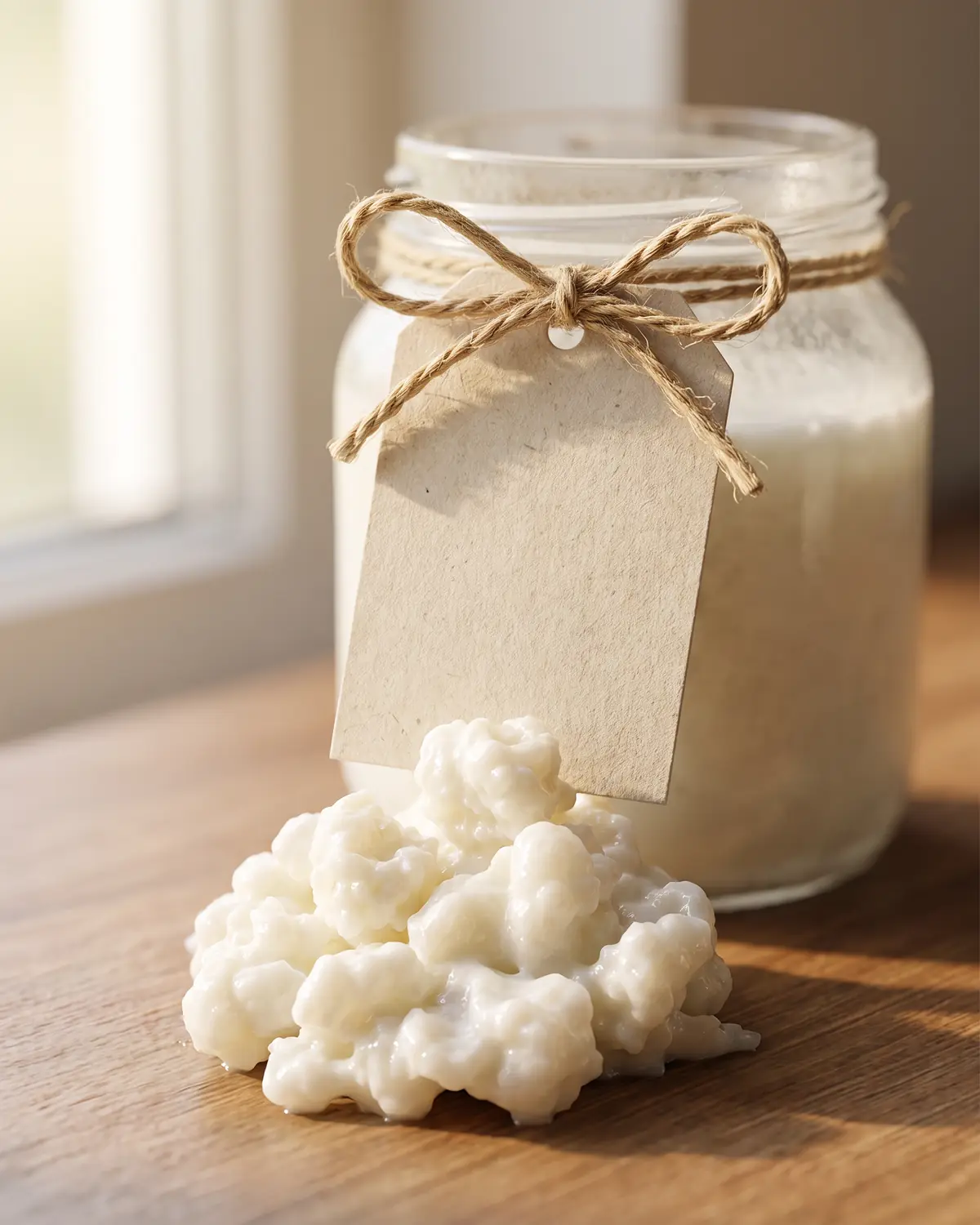 kefir vegan Leeg label met touwknoop voor een melkachtige fermentatiepot, met zachte schaduw op de achtergrond.