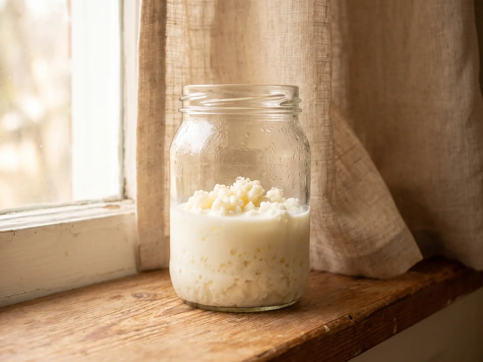 kefir eczeem Glazen pot met melkkefir op een ochtendvensterbank, met condens, linnen gordijn en korrels in melk.