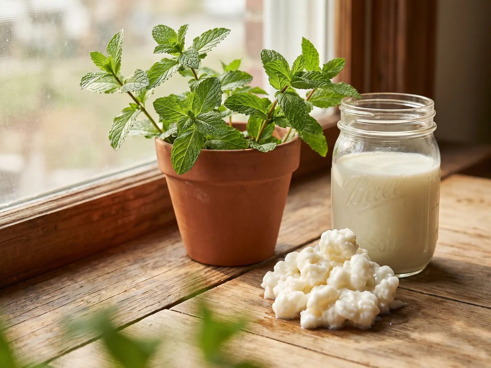 kefir diarree Glazen pot met melkkefir en korrels op een vensterbank naast munt, met zachte groene schaduw.