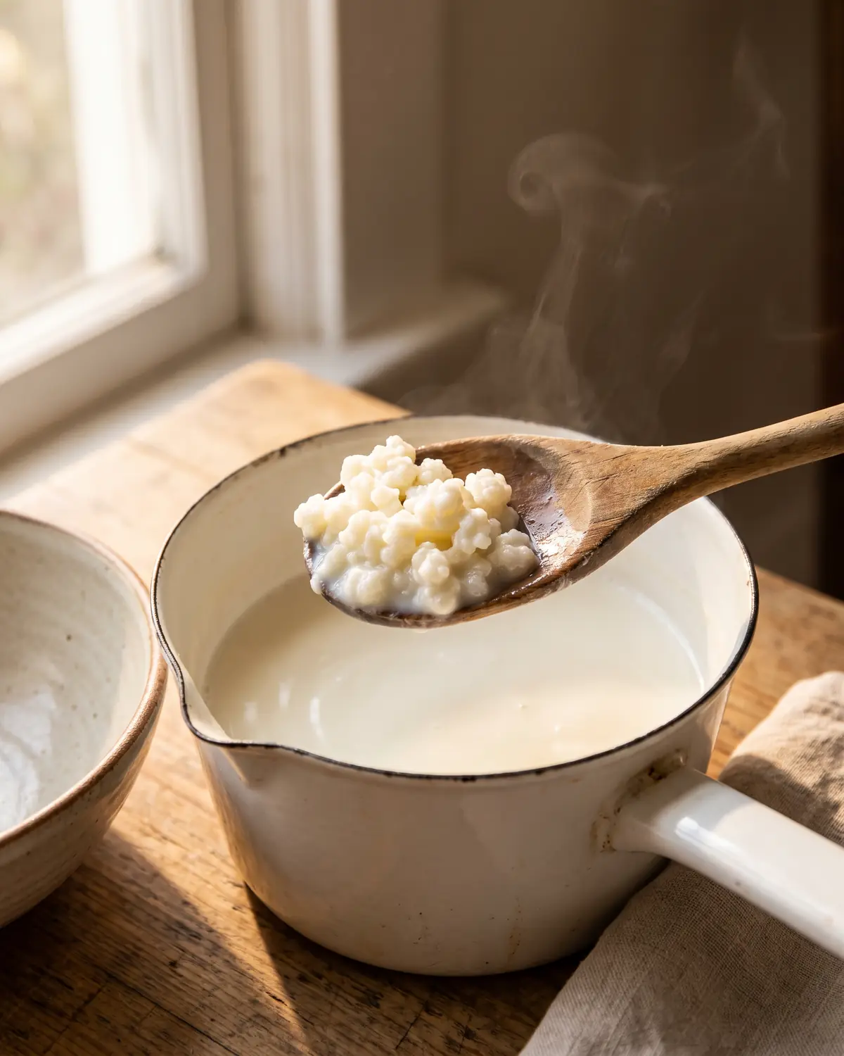 kefir maken met lactosevrije melk Lauwe melk rust in een emaille pan terwijl kefirkorrels klaar liggen op een houten lepel.