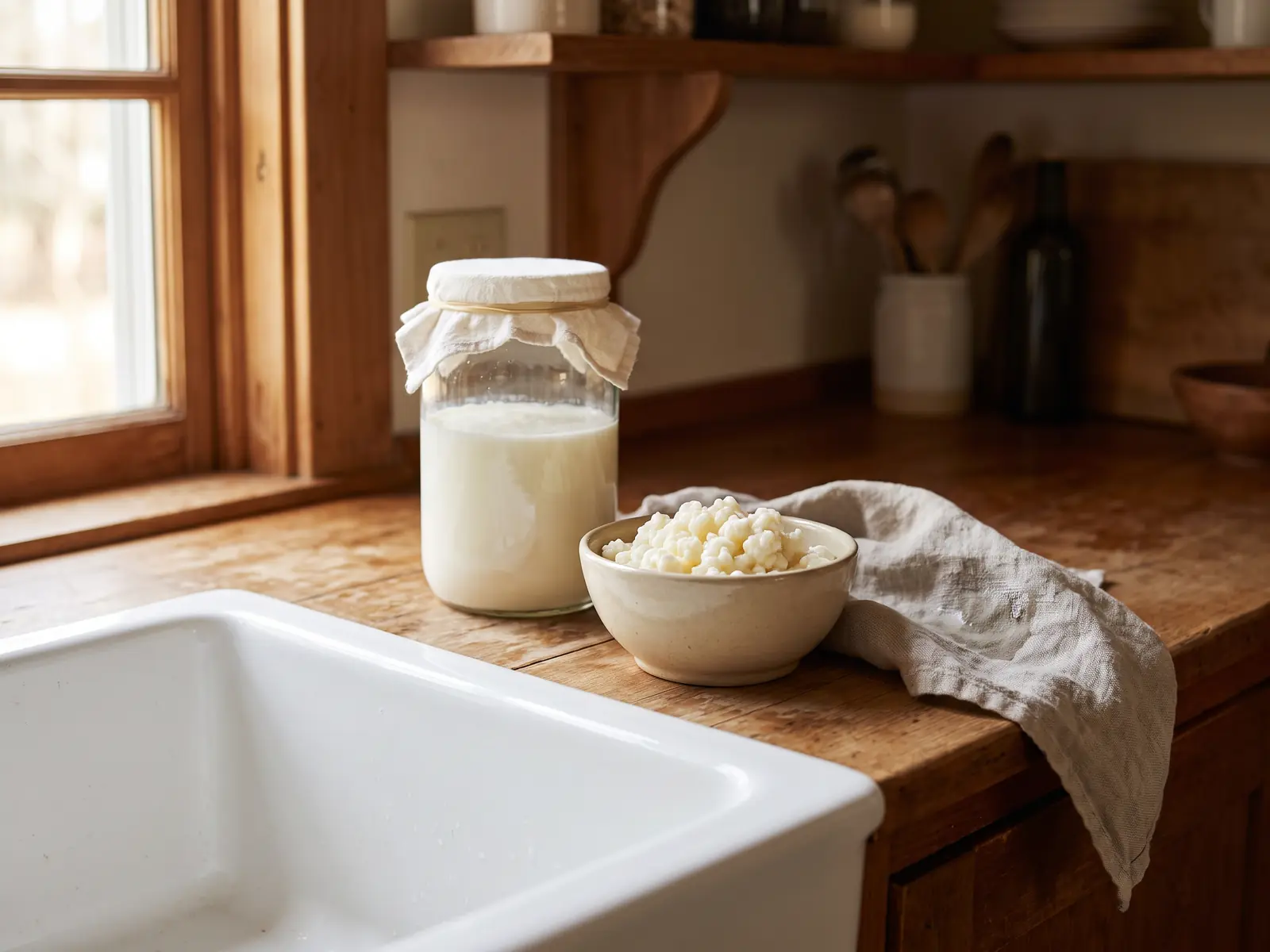 kefir maken zonder korrels Glazen pot met melk die fermenteert naast kefirkorrels in een beige kom bij een witte wasbak.