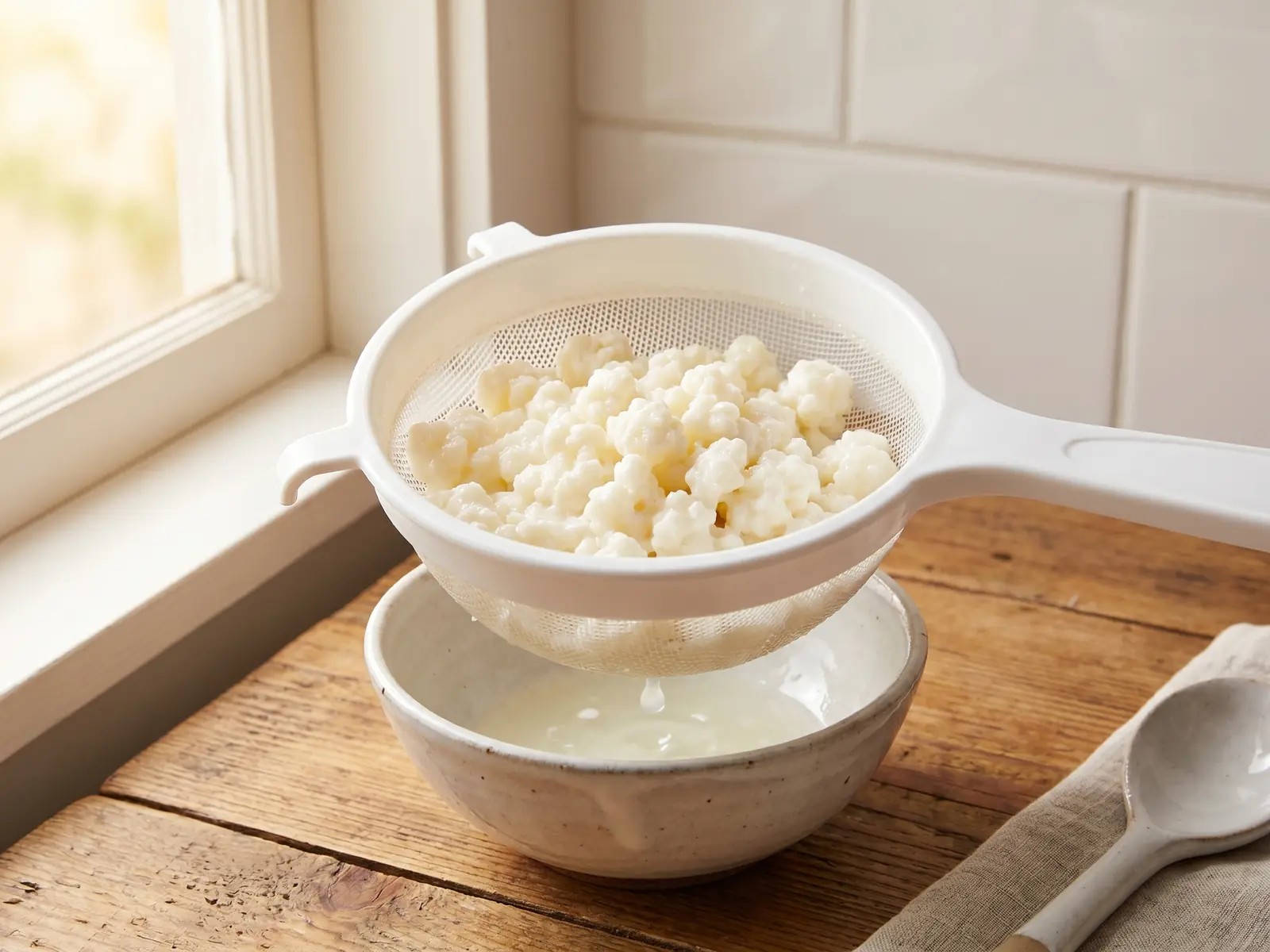 kefir lidl Witte kunststof zeef met romige melkkefirkorrels boven een keramische kom op keukentegels.