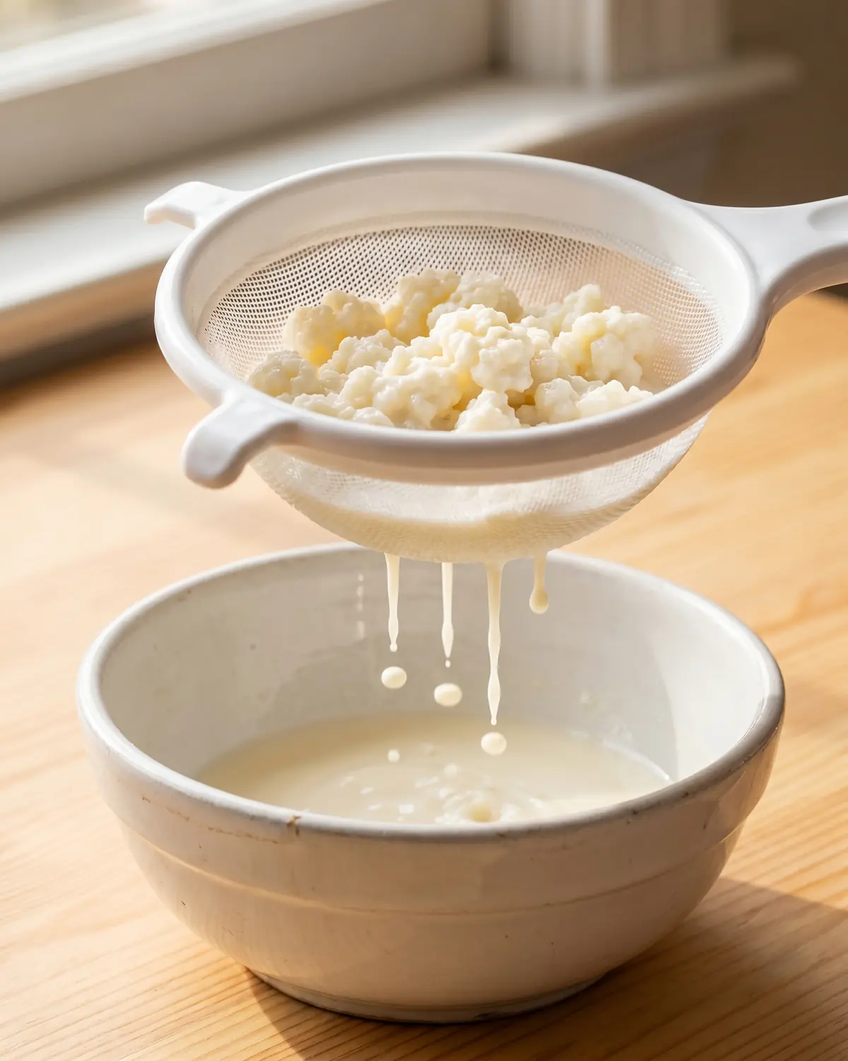 kefir plant Kefirkorrels in een witte zeef terwijl een druppel gefermenteerde melk in een kom valt.