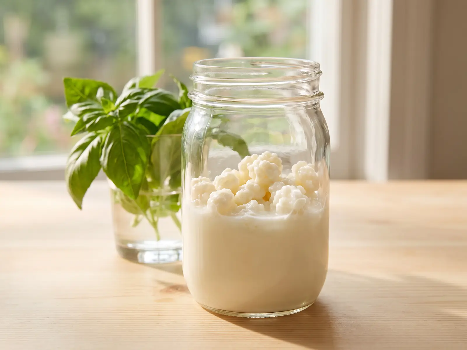 kefir verwarmen Glazen pot met fermenterende melkkefir op licht hout, met kefirkorrels, basilicum en zacht zomerlicht.
