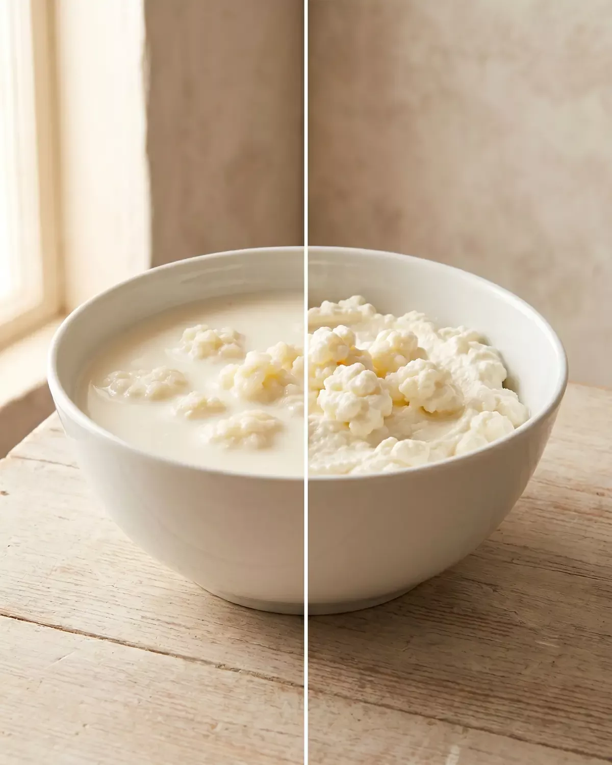 kefir kopen turkse winkel Twee witte kommen tonen het verschil tussen drinkbare melkkefir en uitgelekte, dikkere kefir.