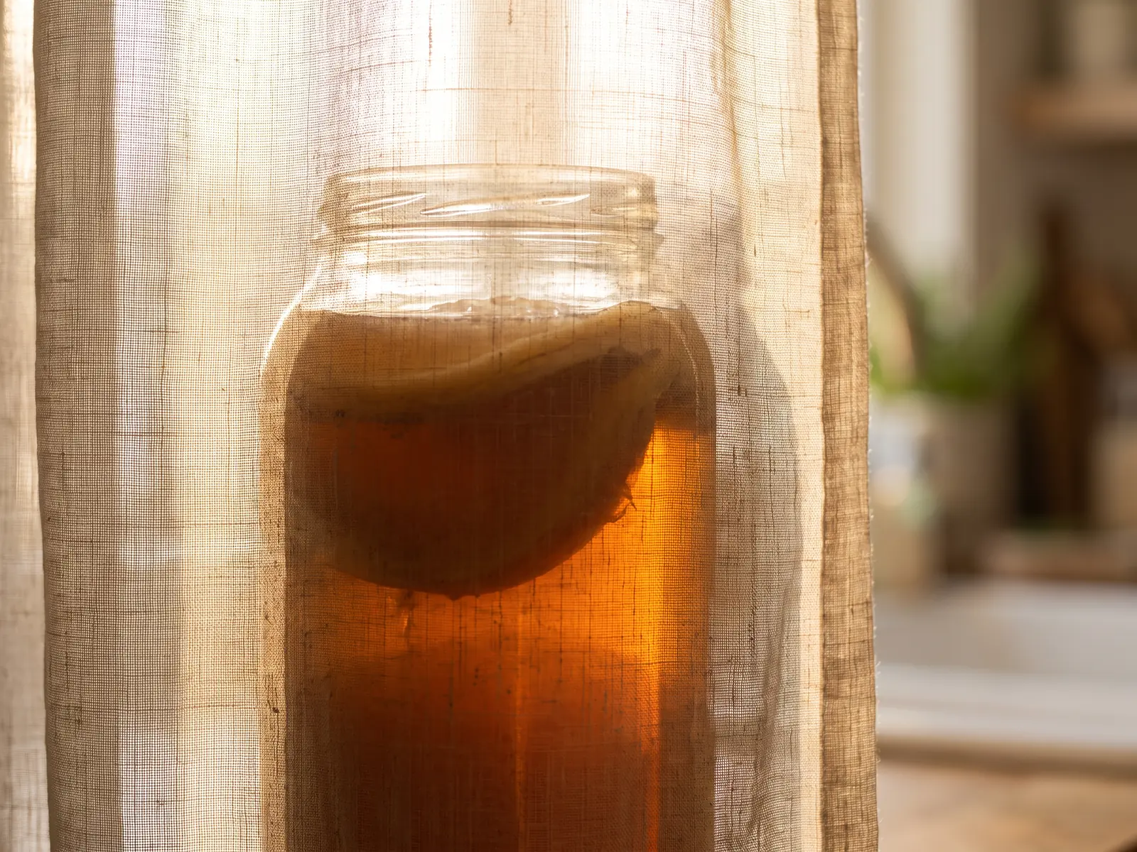 kombucha cultuur Amberkleurige kombuchapot met SCOBY als donkere schijf achter een doorschijnend linnen gordijn.