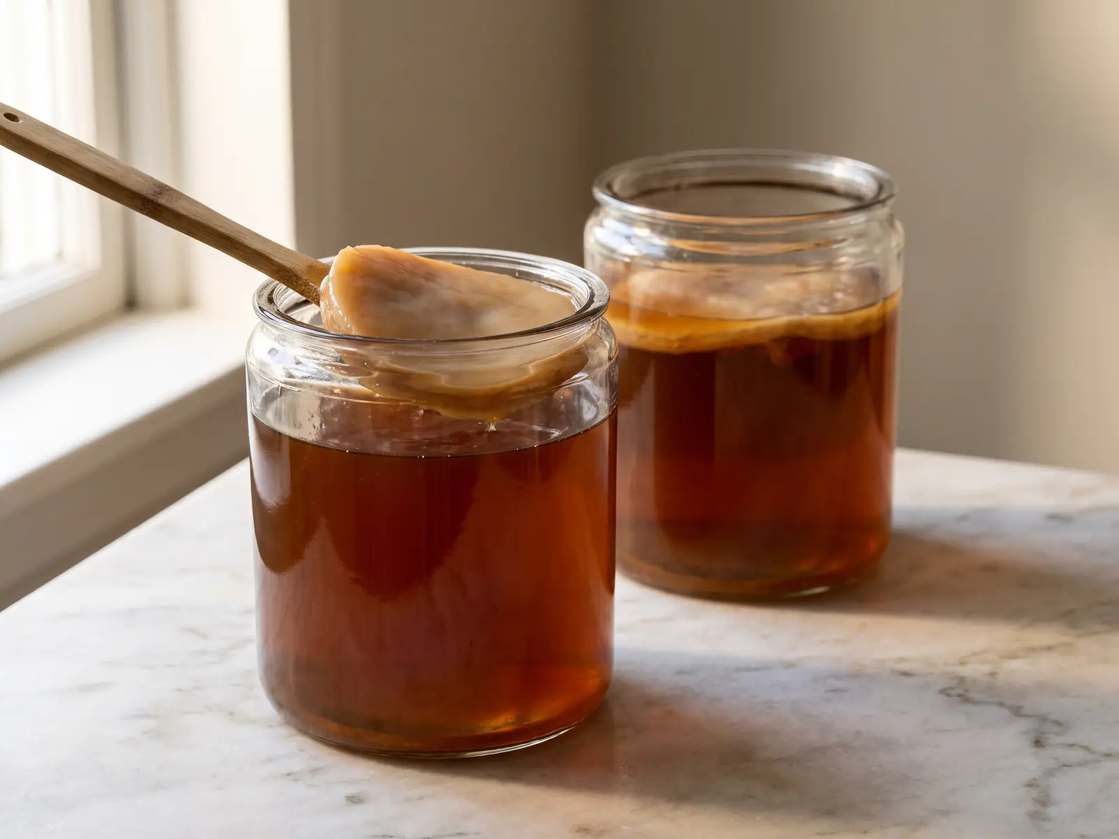 kombucha gevaarlijk Twee potten kombucha met rustige SCOBY’s op een matte marmeren aanrecht op een bewolkte dag