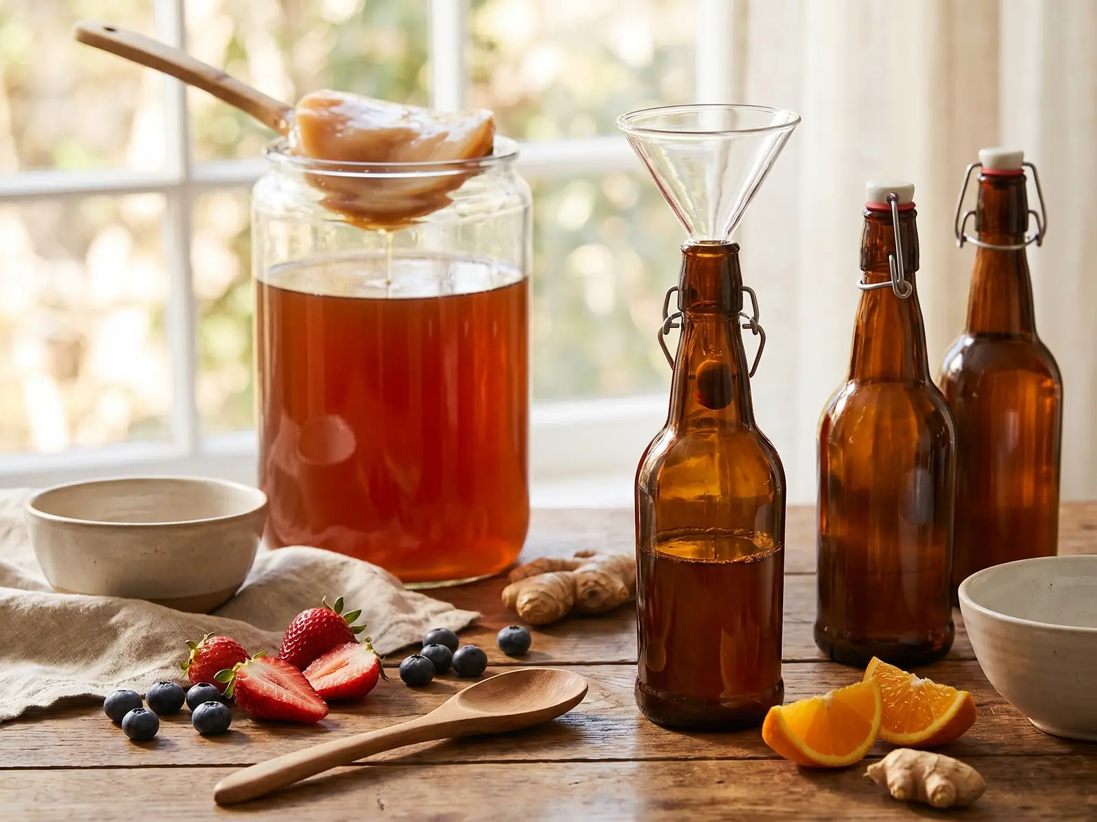 Bodeg&oacute;n met kombucha, glazen trechter, vers fruit en houten lepel tijdens het bottelen thuis