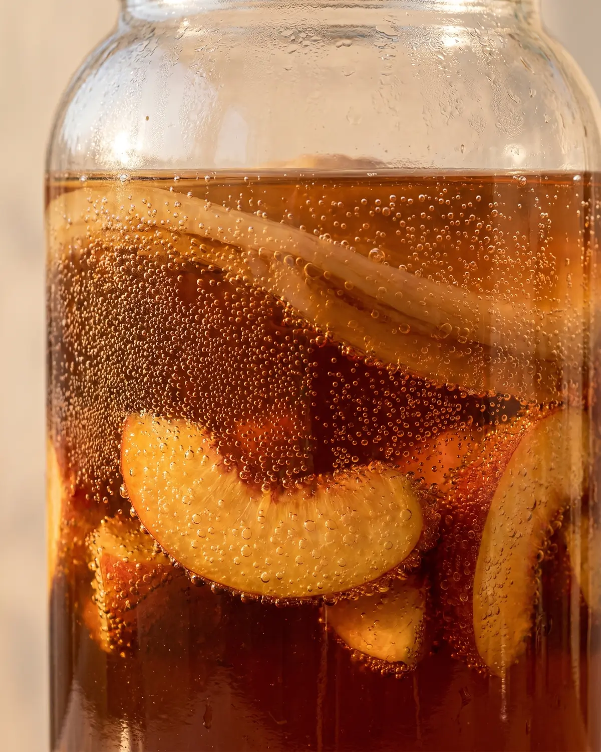 kombucha zwam maken Fijne belletjes kleven aan het glas van een fles kombucha met stukjes verse perzik erin.