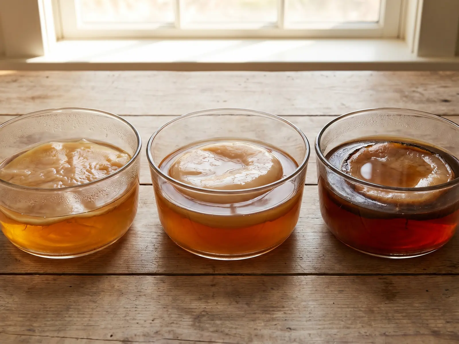 kombucha thee Drie kommen met kombucha en SCOBY-lagen tonen verschillen in dikte, kleur en theefermentatie.