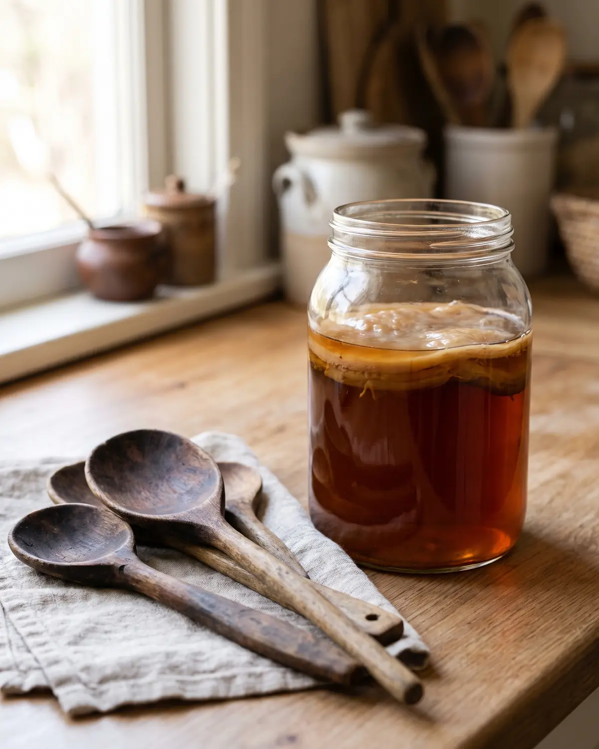 schimmel op kombucha Houten lepels drogen naast een pot amberkleurige kombucha met een SCOBY op de achtergrond.