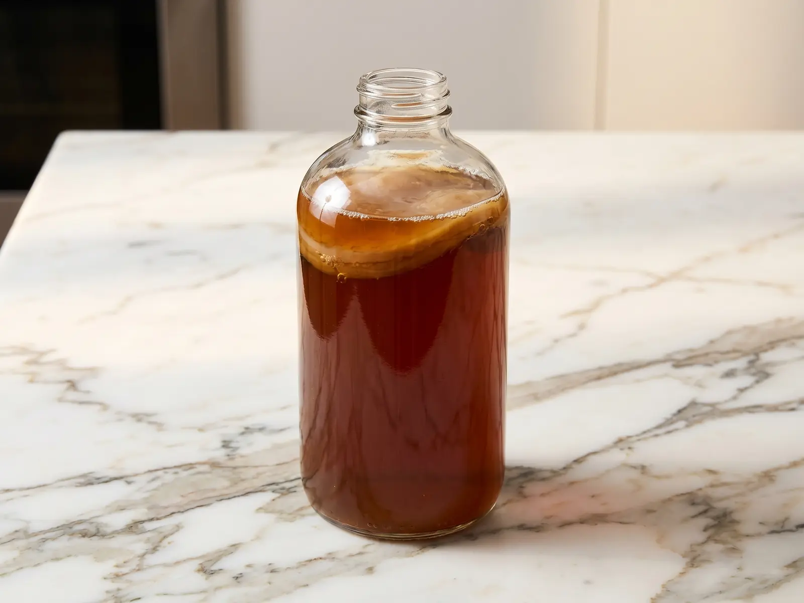 scoby Een enkele fles amberkleurige kombucha op wit marmer, met subtiele bubbels rond de drank