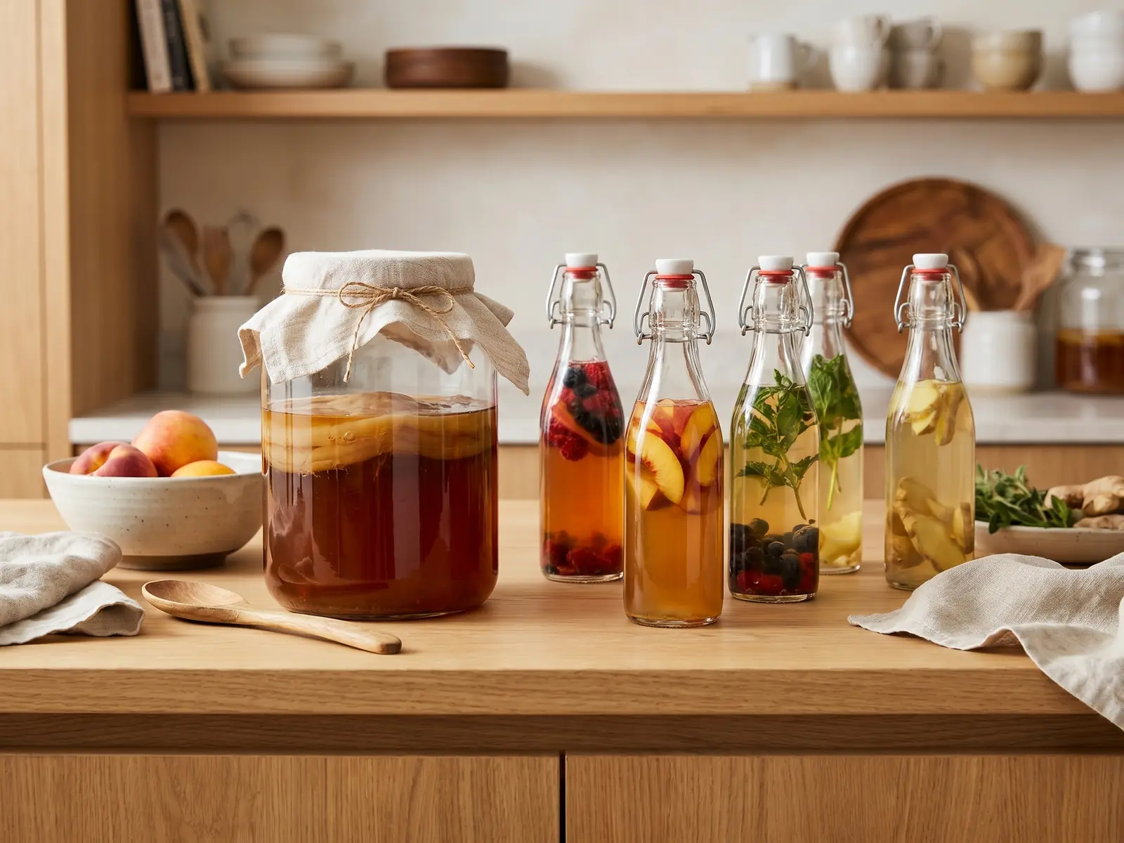scoby hotel Glazen potten met kombucha in verschillende fermentatiefasen op een keukenblad met levende culturen.