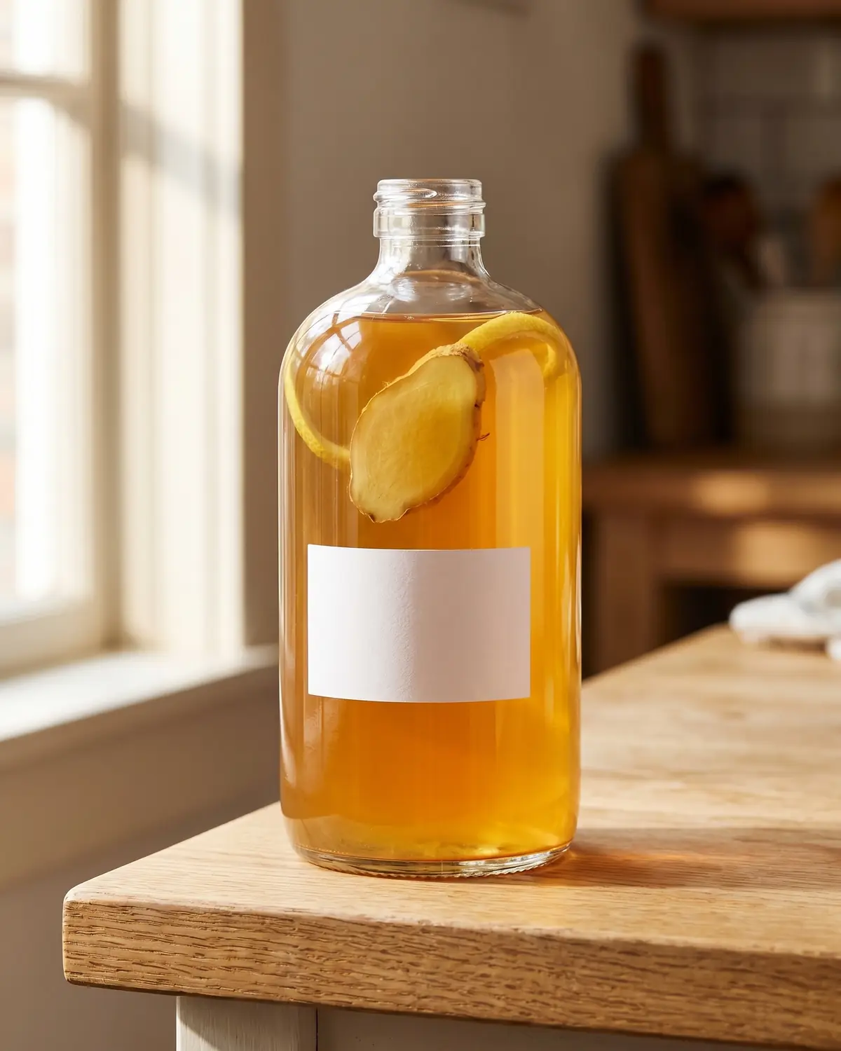 kombucha scoby Fles met amberkleurige kombucha waarin stukjes gember en citroen zichtbaar zijn van dichtbij.