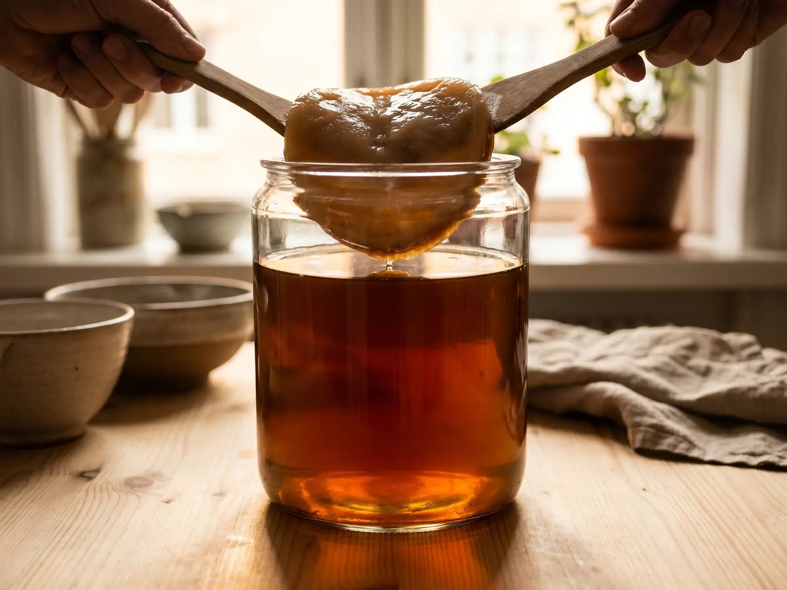 Glazen pot met kombucha en SCOBY in tegenlicht, met natuurlijke lichtinval door de drank.
