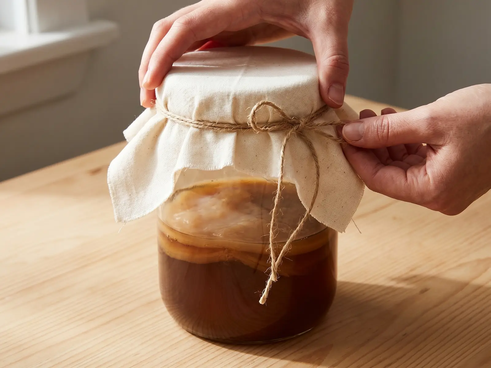 kombucha zwam maken Een hand legt een katoenen doek over een glazen pot kombucha op licht hout met natuurlijk koord.