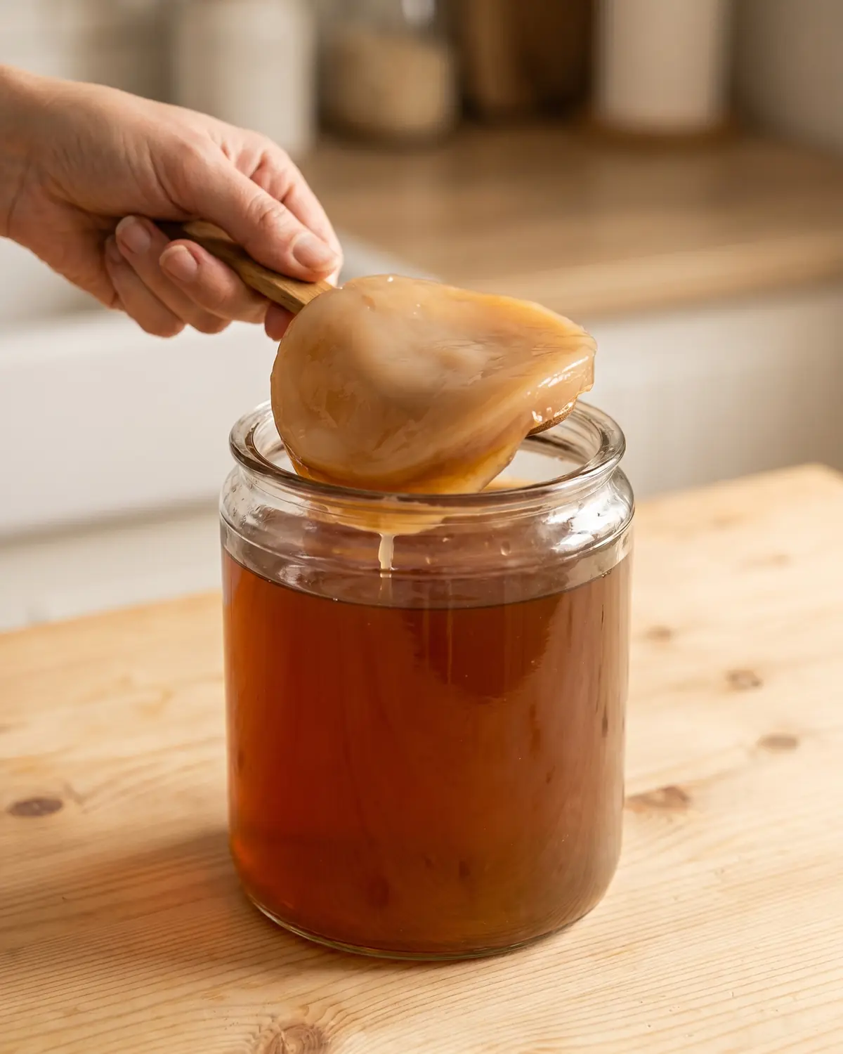 kombucha Hand tilt een SCOBY met een houten lepel uit een glazen pot met gefermenteerde thee.