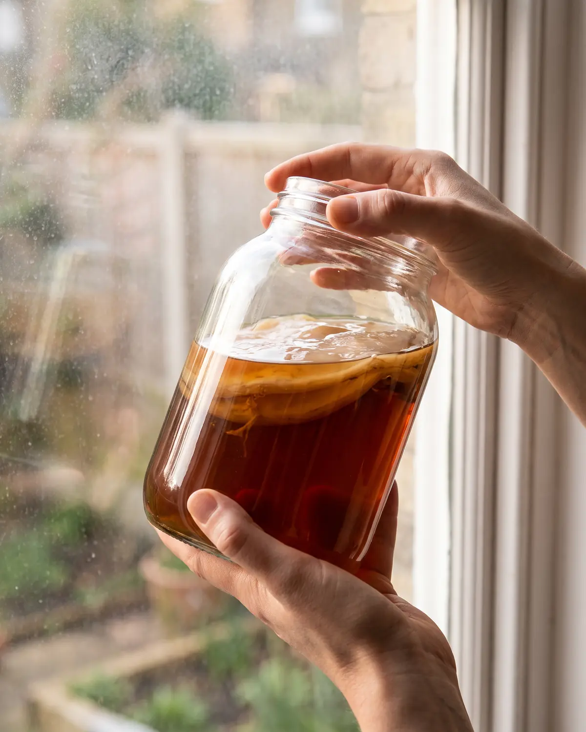 scoby dood Twee handen houden een kombuchapot bij het raam om de helderheid en de hangende SCOBY te controleren