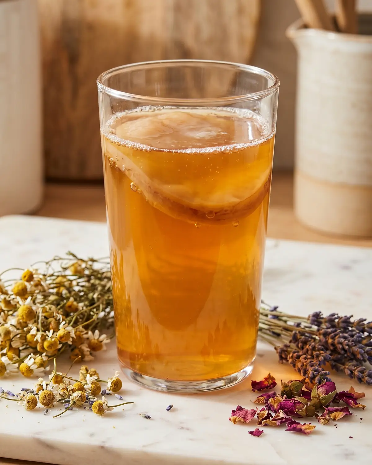 kombucha thee Hoog glas amberkleurige kombucha naast droogbloemen op wit marmer met een rustige lichte sfeer.