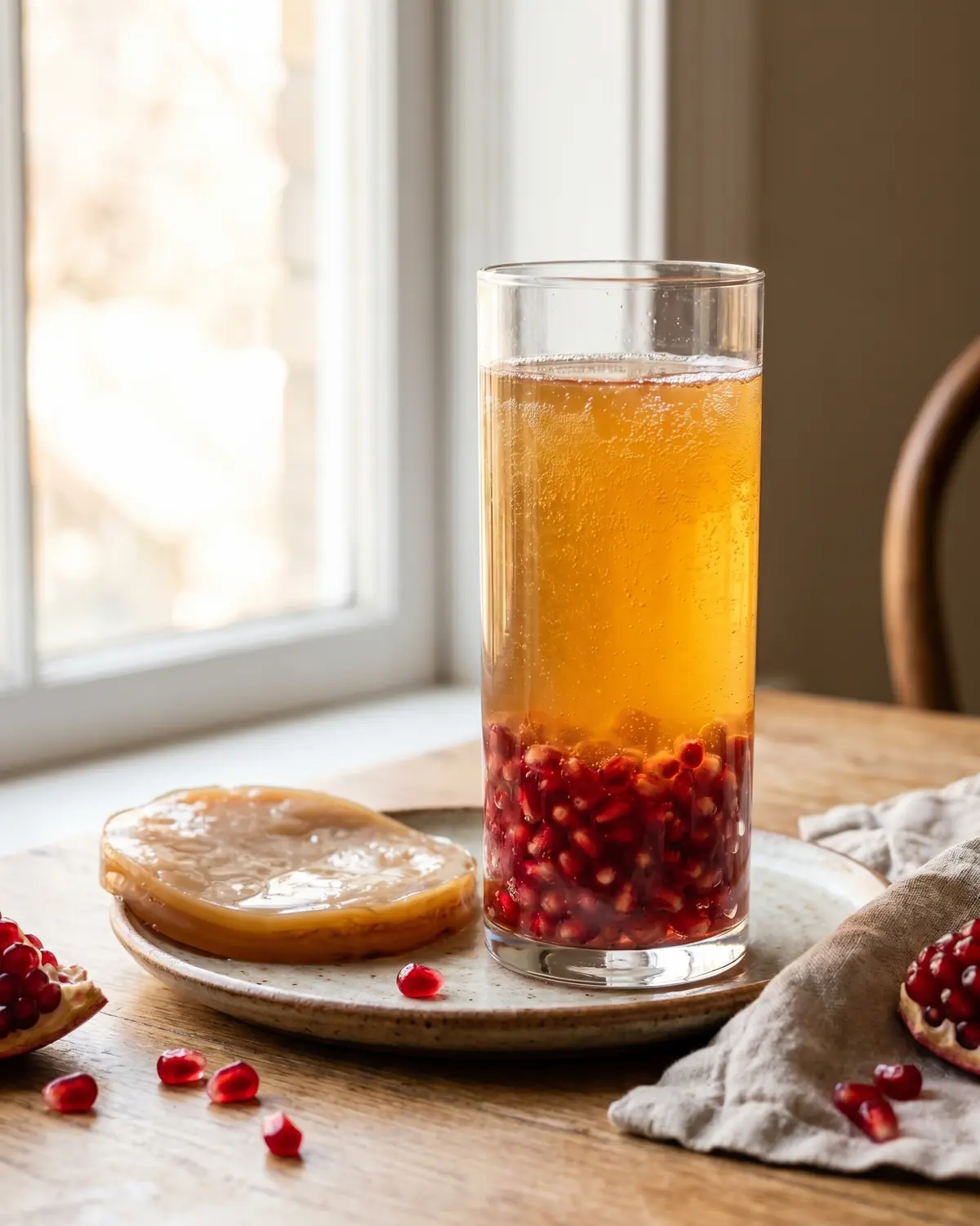 scoby Hoog glas kombucha met granaatappelpitjes op de bodem en zacht raamlicht op de drank