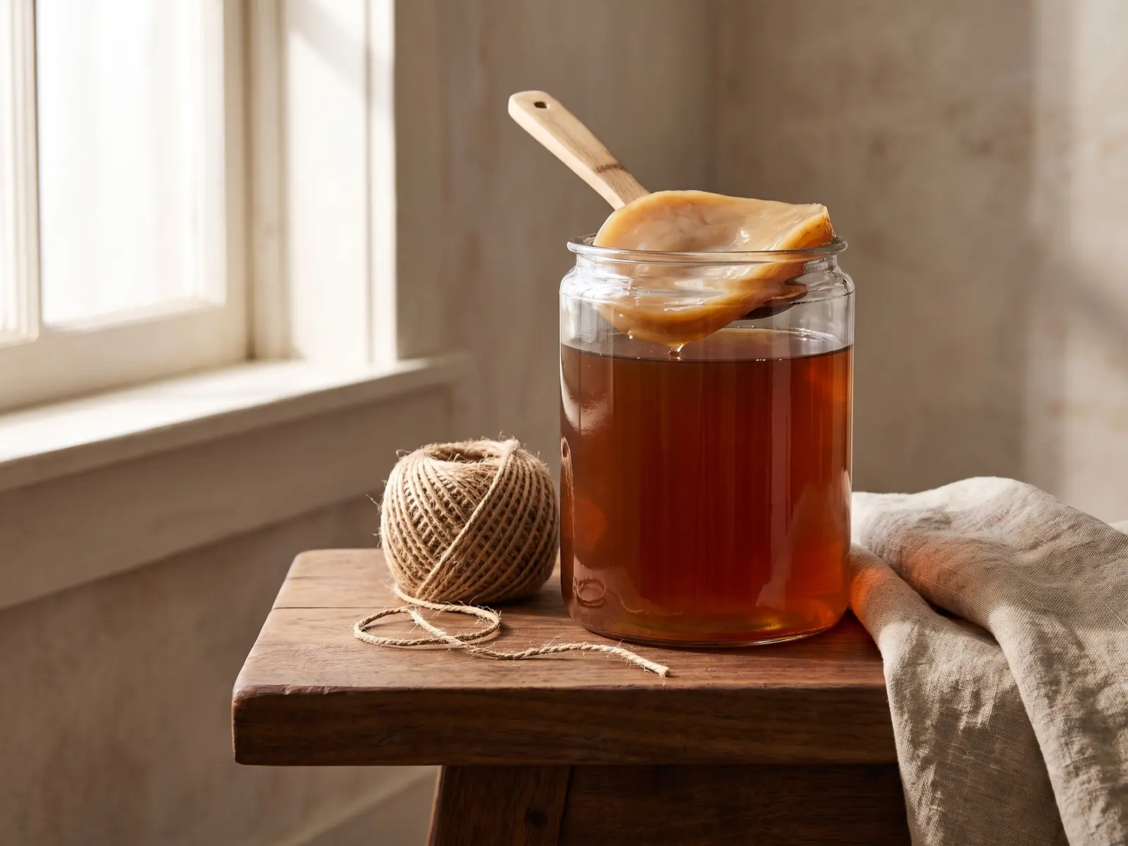 schimmel op kombucha Glazen pot kombucha op een laag notenhouten bankje naast natuurlijk touw en linnen.