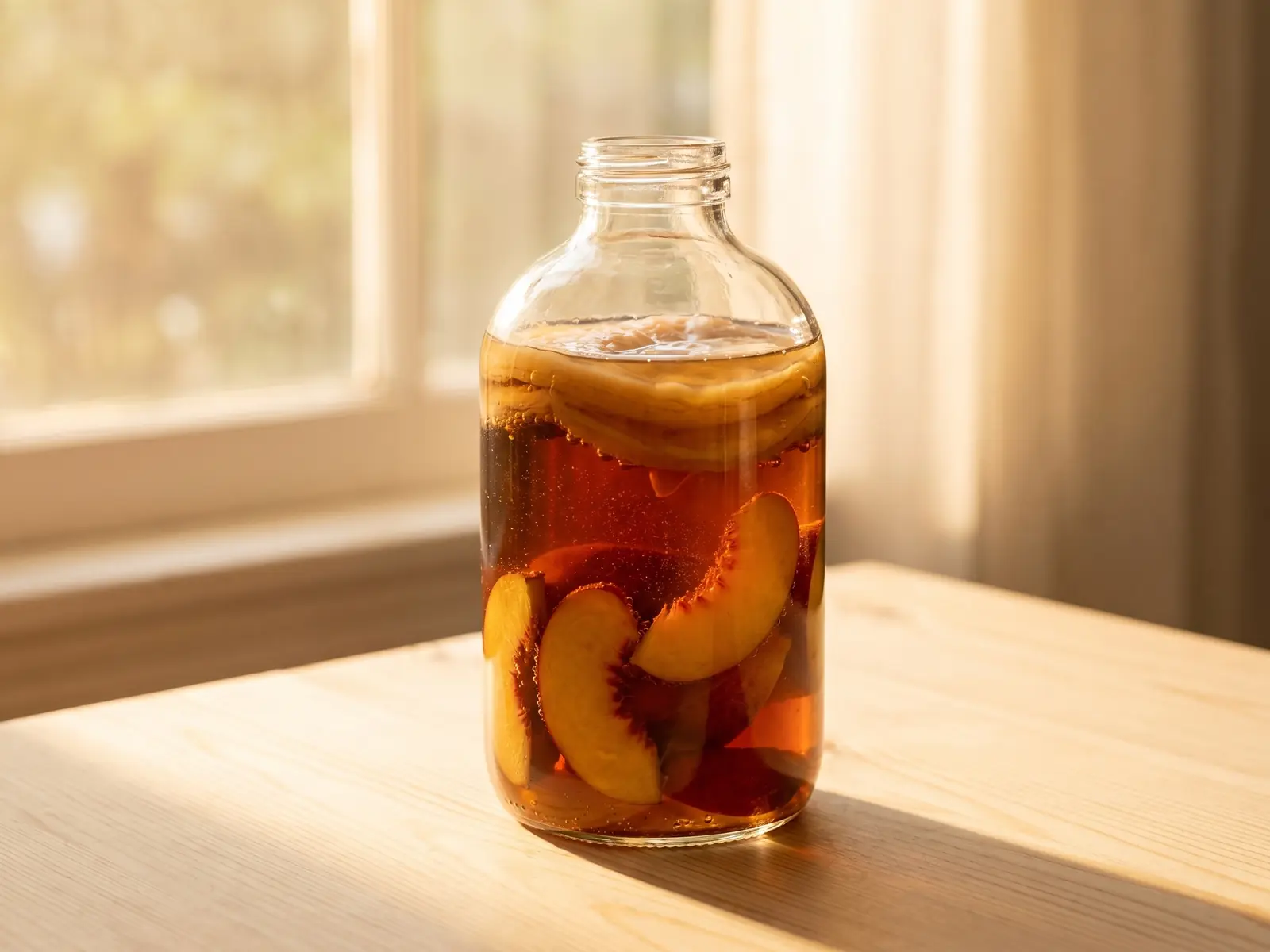 kombucha zwam Transparante fles kombucha met perzik op licht hout, gefotografeerd in zacht zomers tegenlicht.