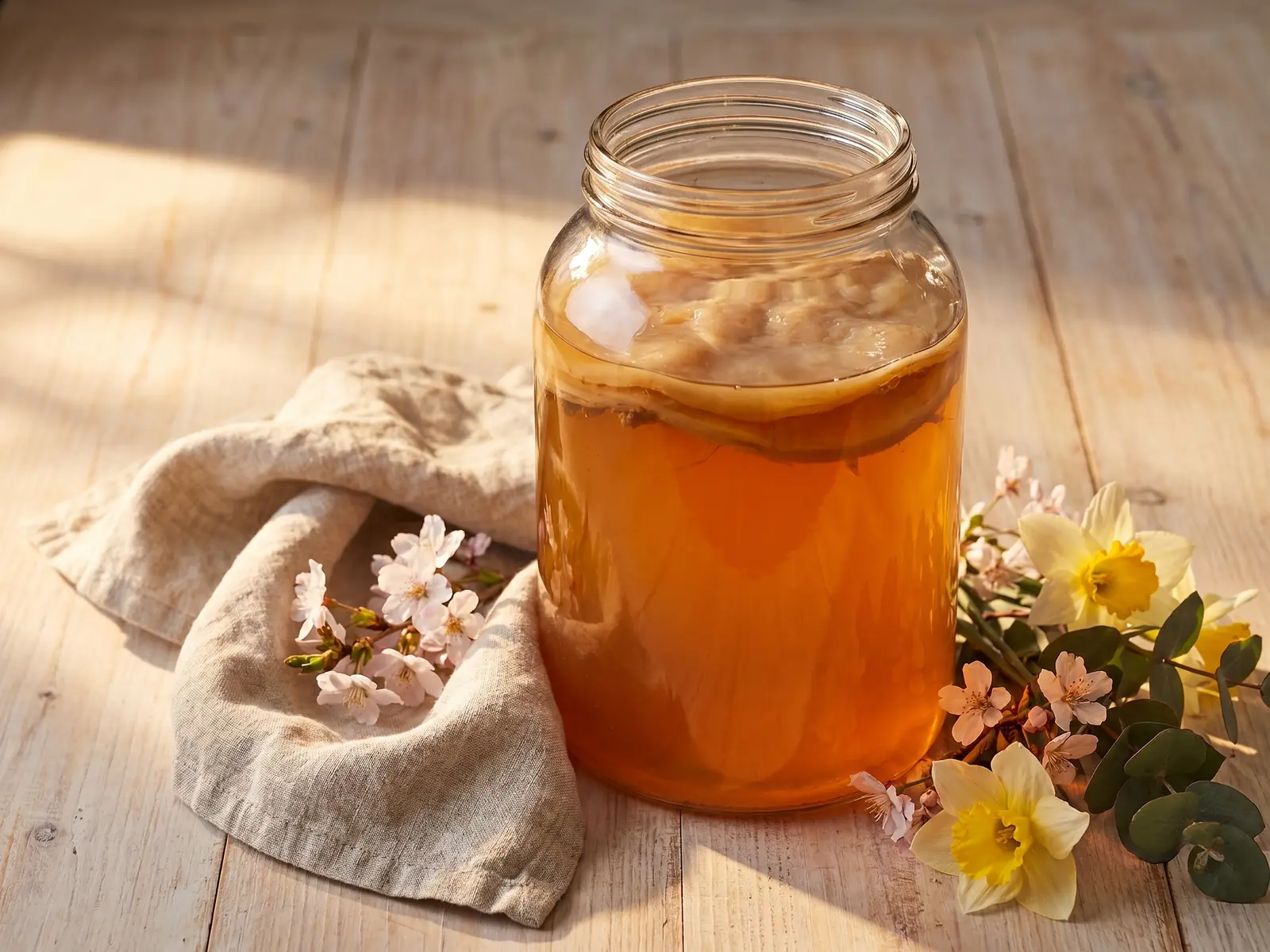 kombucha Glazen pot met amberkleurige kombucha naast lentebloemen, ruw linnen en warm zijlicht.