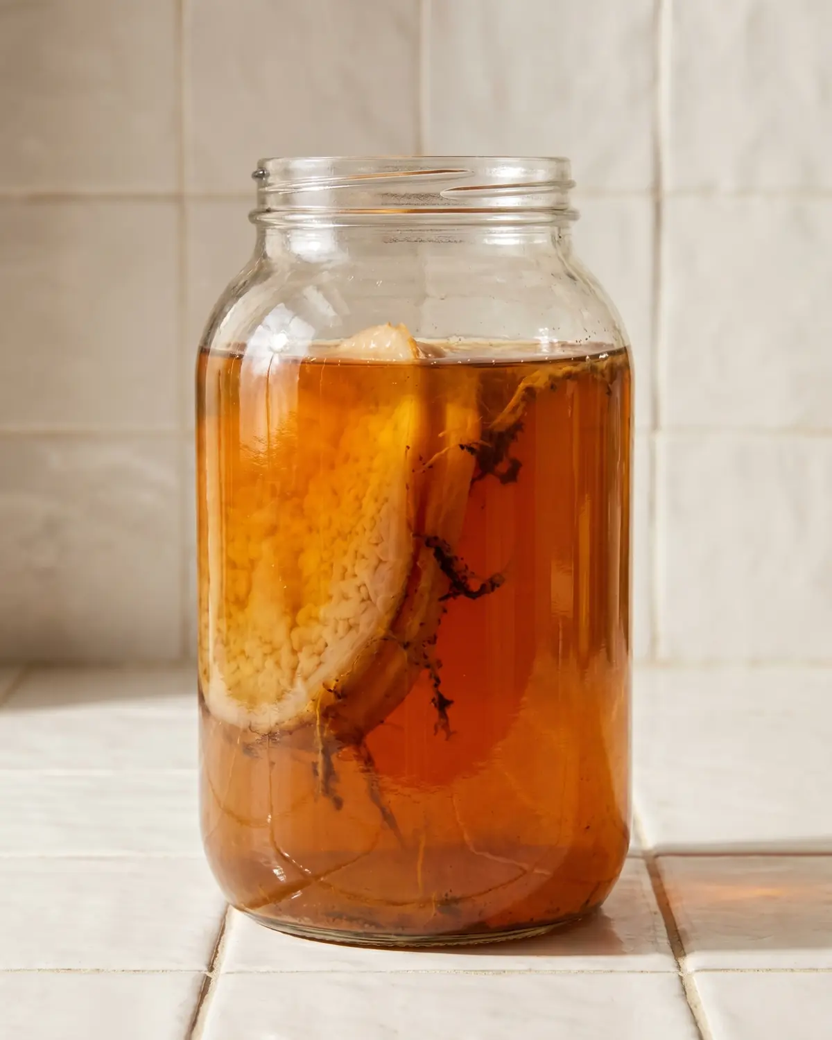 Glazen pot met kombucha op witte tegels, met donkere gistdraden en een zichtbare SCOBY-schijf