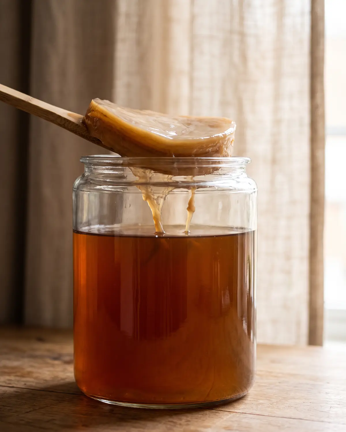 scoby hotel Heldere pot met kombucha-SCOBY en zachte gistdraden naast een onscherpe rand van linnen gordijn.