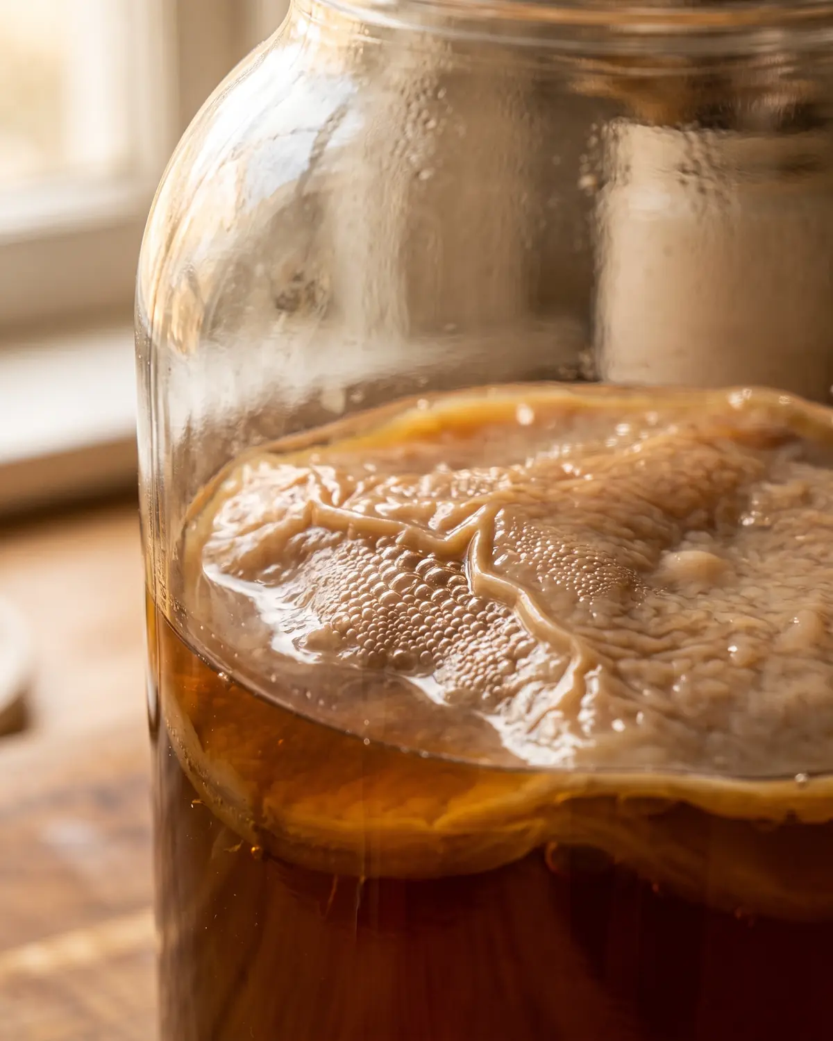 Close-up van belletjes onder een beige bruine SCOBY-plooi, verlicht door warm zijlicht.