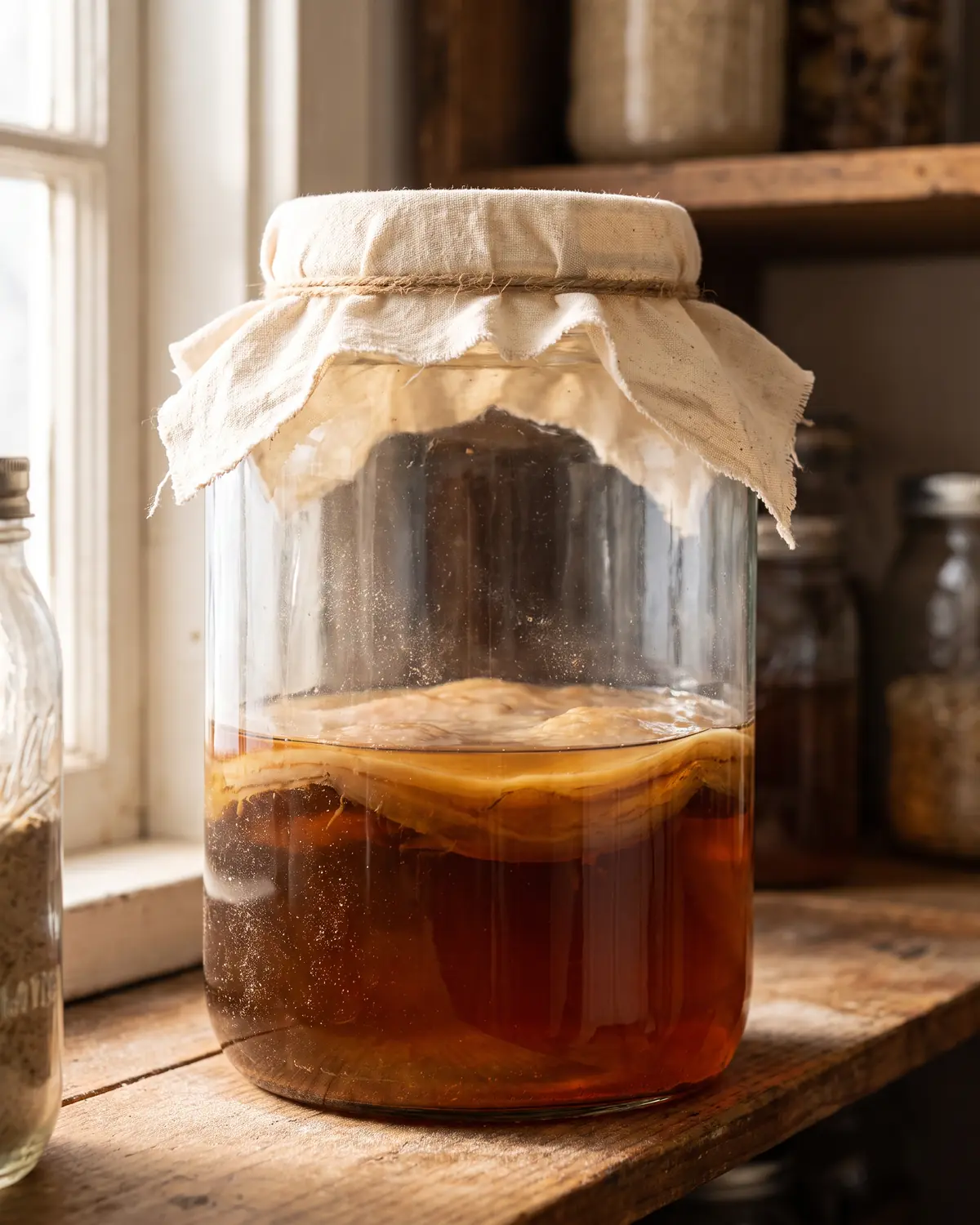 Detail van een kombuchapot op een plank, met zachte stof op het glas en een donkere SCOBY achter cr&egrave;mekleurige stof.