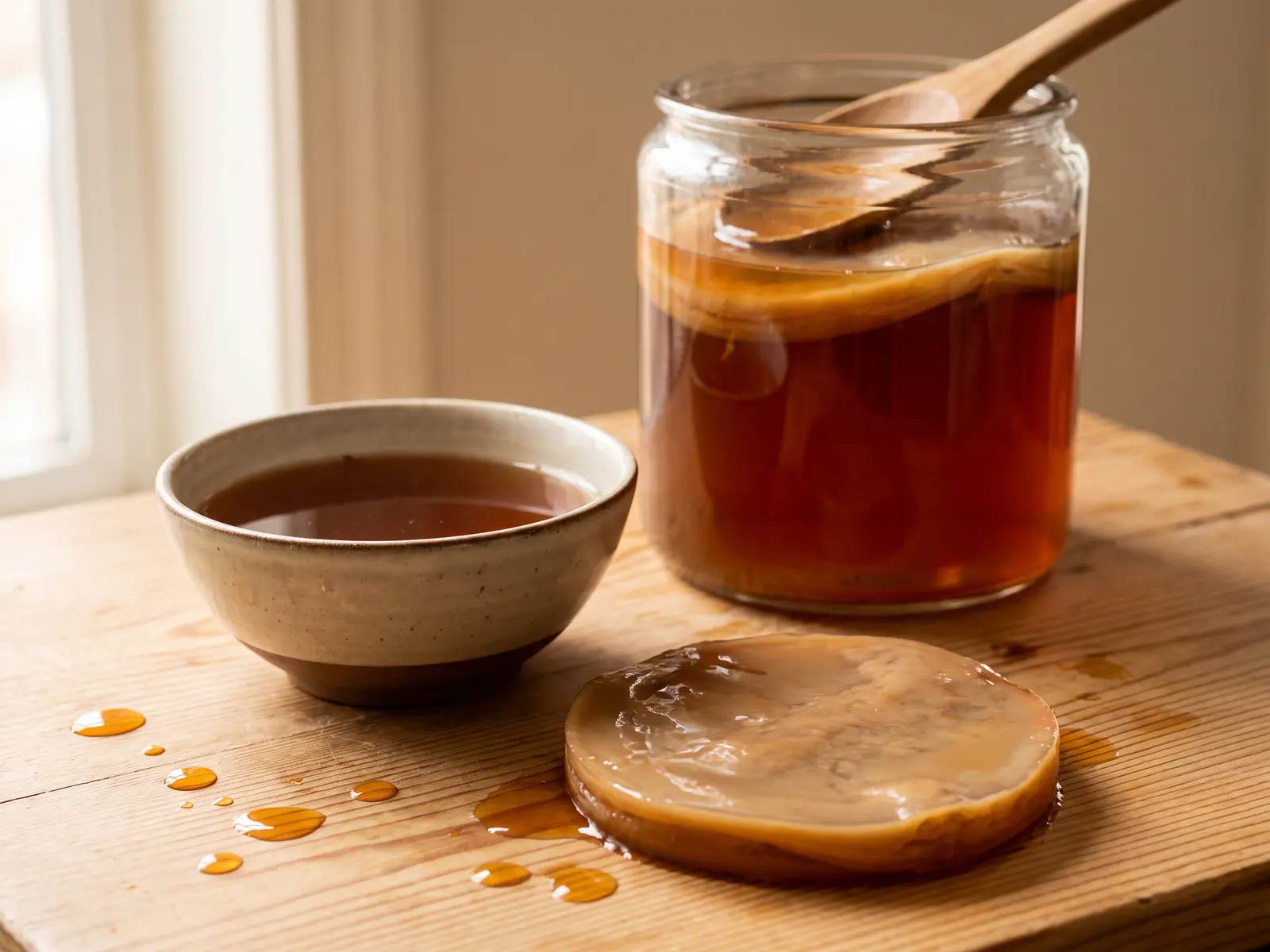kombucha recept Glazen pot kombucha op een grenen tafel met amberkleurige druppels en een kom thee op de achtergrond