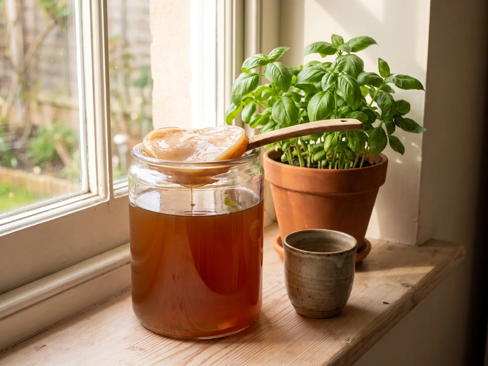scoby dood Glazen pot met beige bruine SCOBY op een vensterbank naast basilicum en een keramische kop