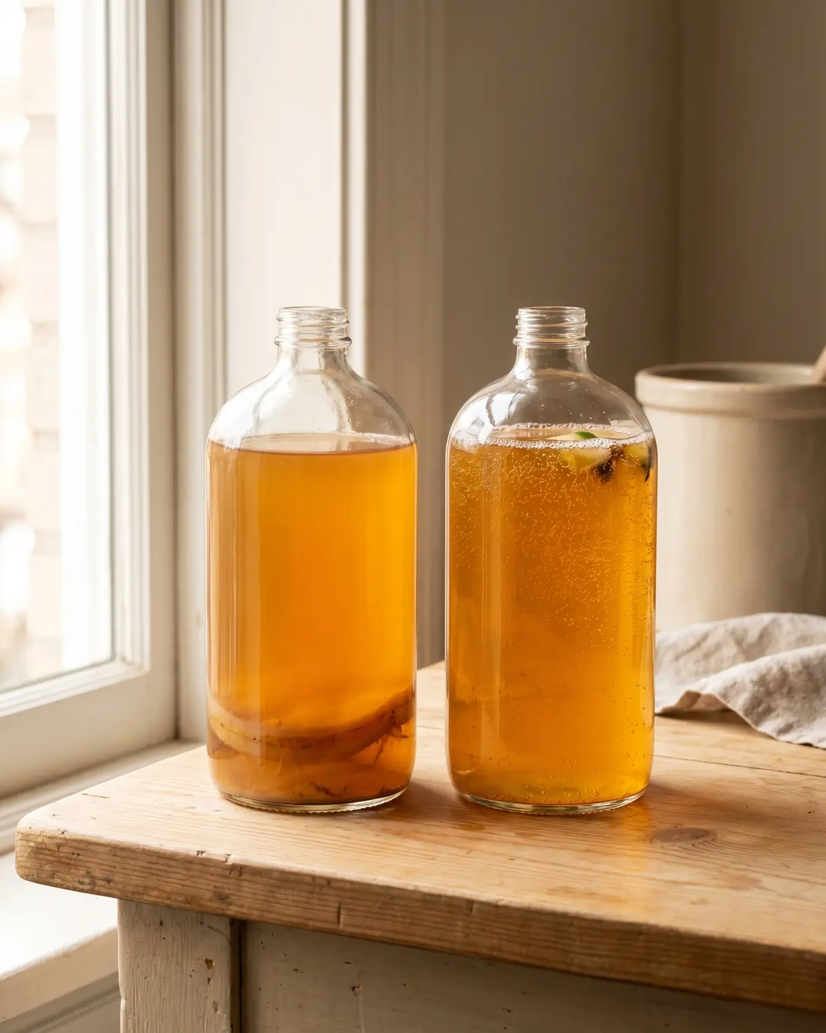kombucha drankje Twee flessen kombucha naast elkaar, één troebel na de eerste fermentatie en één bruisend na hergisting.