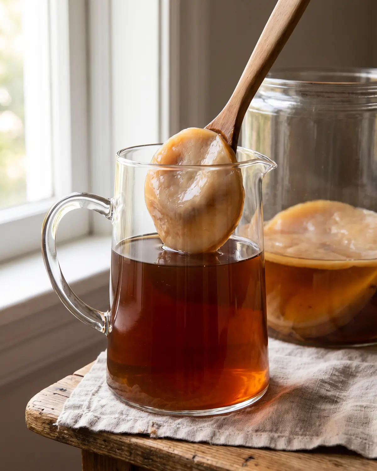 kombucha recept Verticale karaf met koude thee naast een glazen pot, met een beige bruine SCOBY zacht op de achtergrond