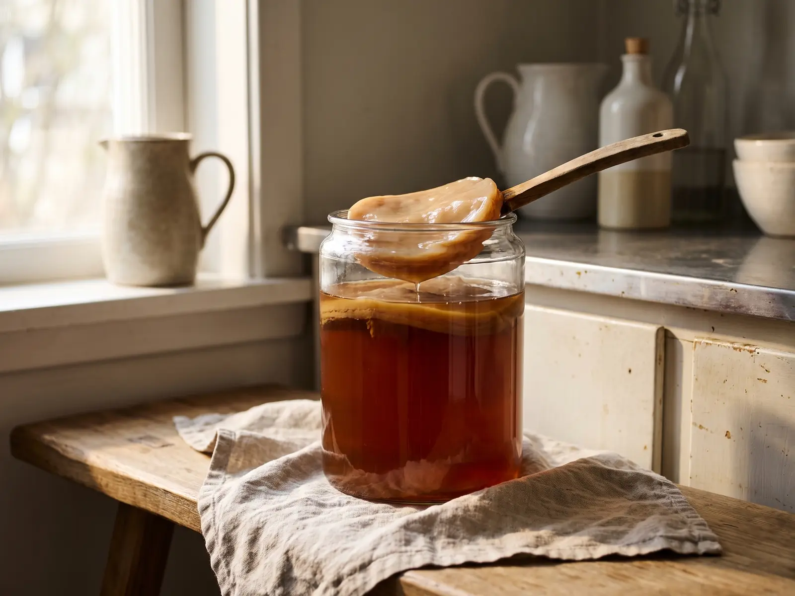 kombucha drankje Glazen pot met SCOBY op linnen naast een werkblad, met wazige keramische kannen op de achtergrond.