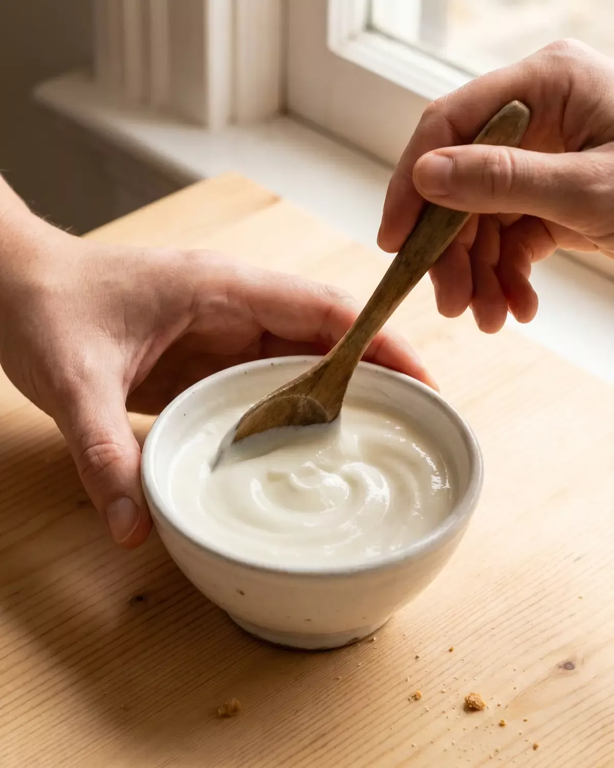 dikke kefir yoghurt maken Hand roert met een houten lepel door romige yoghurt in een kom, met een zachte swirl in de structuur